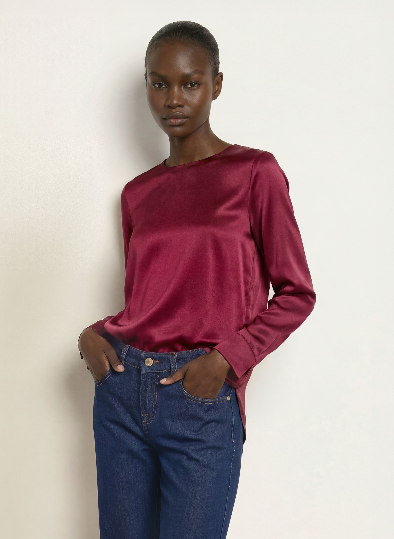 (THE MERCER) N.Y. Blouse-style shirt with silk: DARK RED