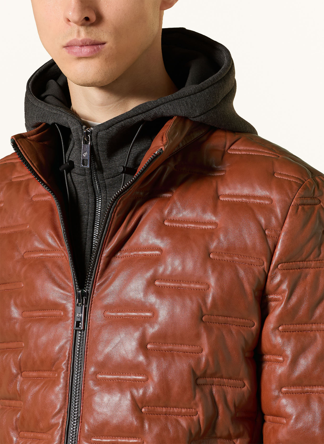 MILESTONE Lederjacke MSALONSO mit herausnehmbarer Blende und abnehmbarer Kapuze: DUNKELORANGE / DUNKELGRAU