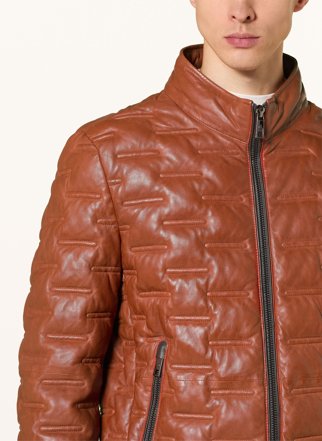MILESTONE Lederjacke MSALONSO mit herausnehmbarer Blende und abnehmbarer Kapuze: DUNKELORANGE / DUNKELGRAU