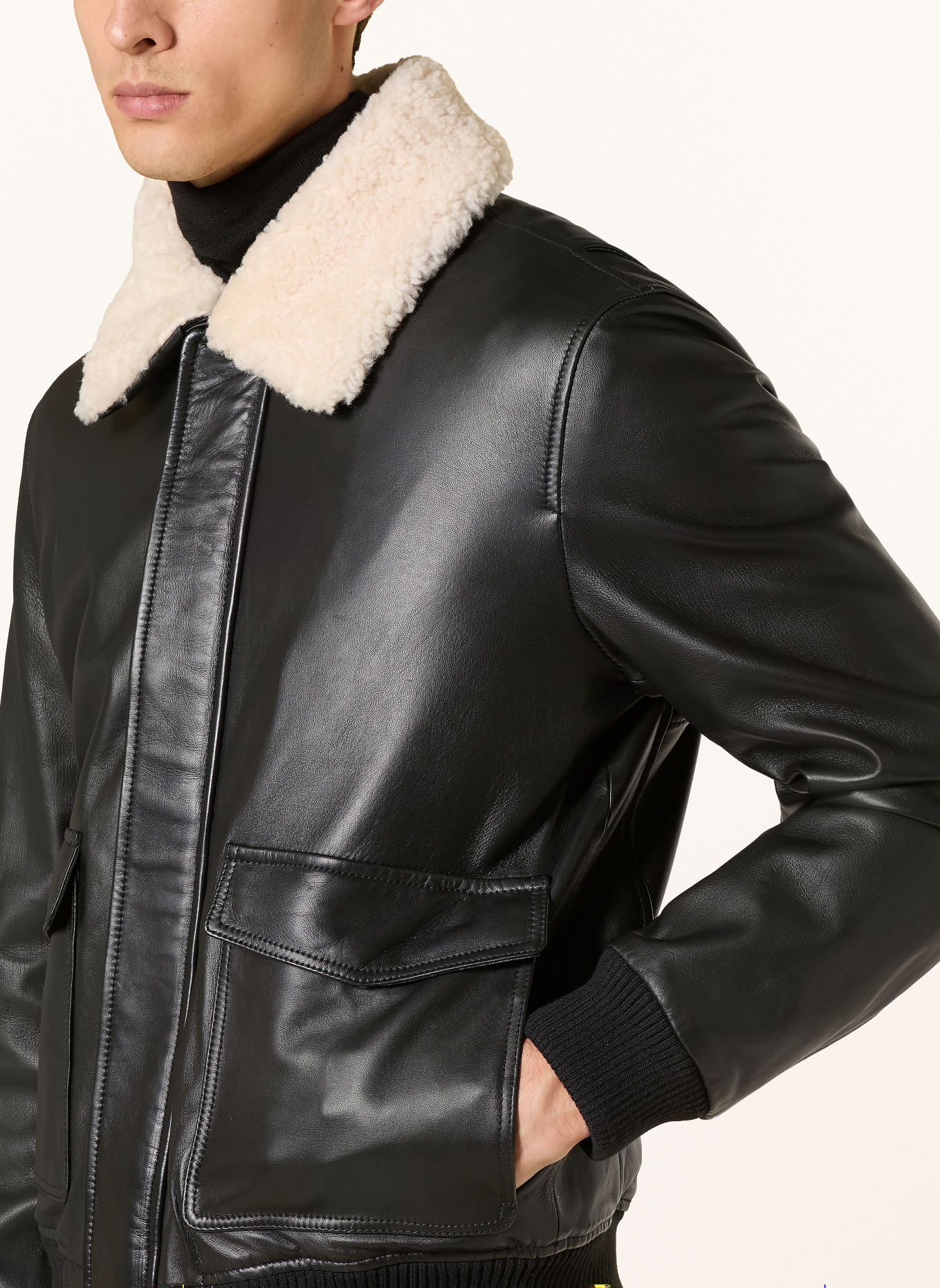 MILESTONE Lederblouson MSALFIO mit abnehmbarem Kragen: SCHWARZ / ECRU