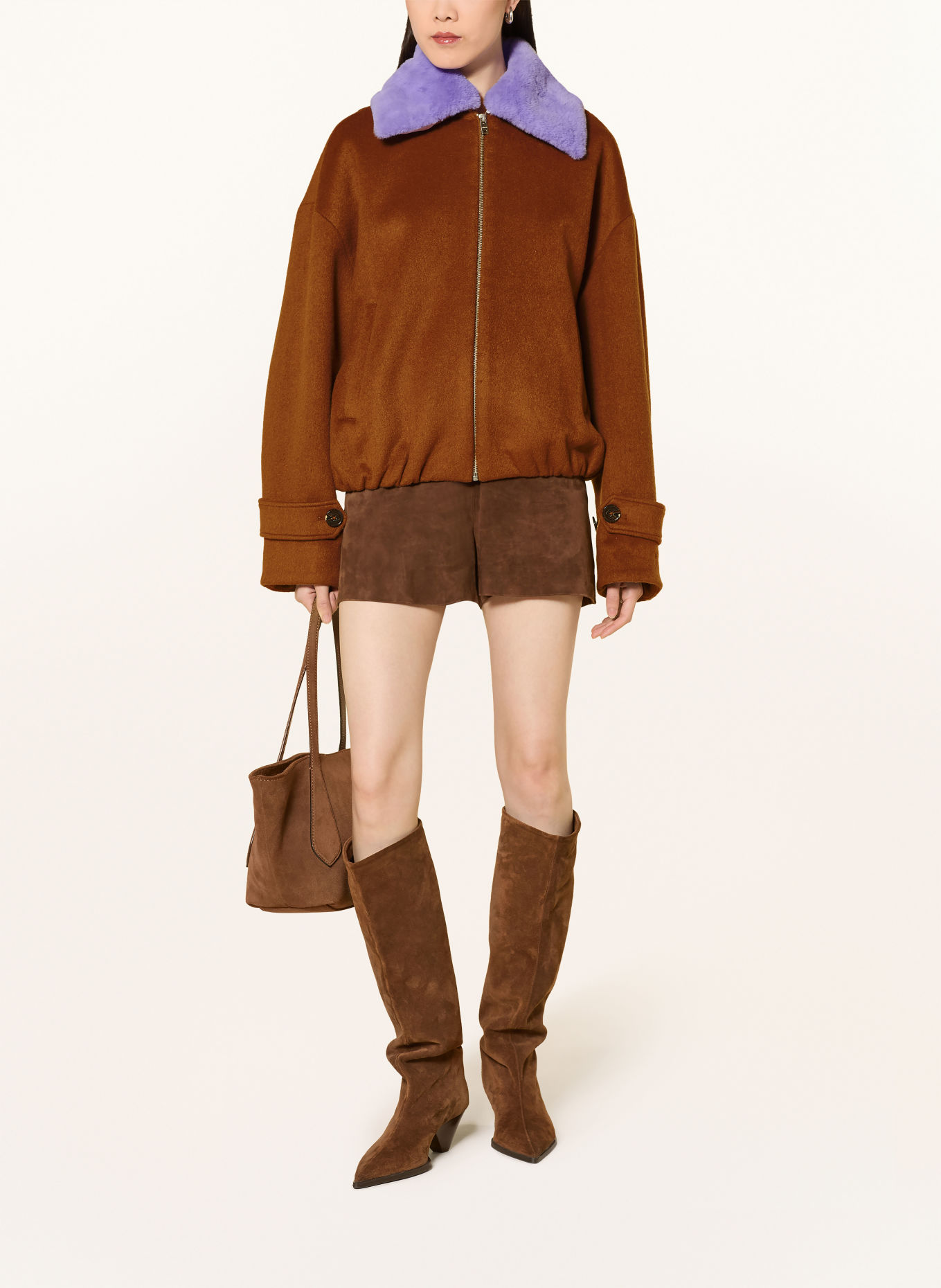 FABIENNE CHAPOT JEAL Bomber jacket with Detachable Faux Fur: BROWN / PURPLE