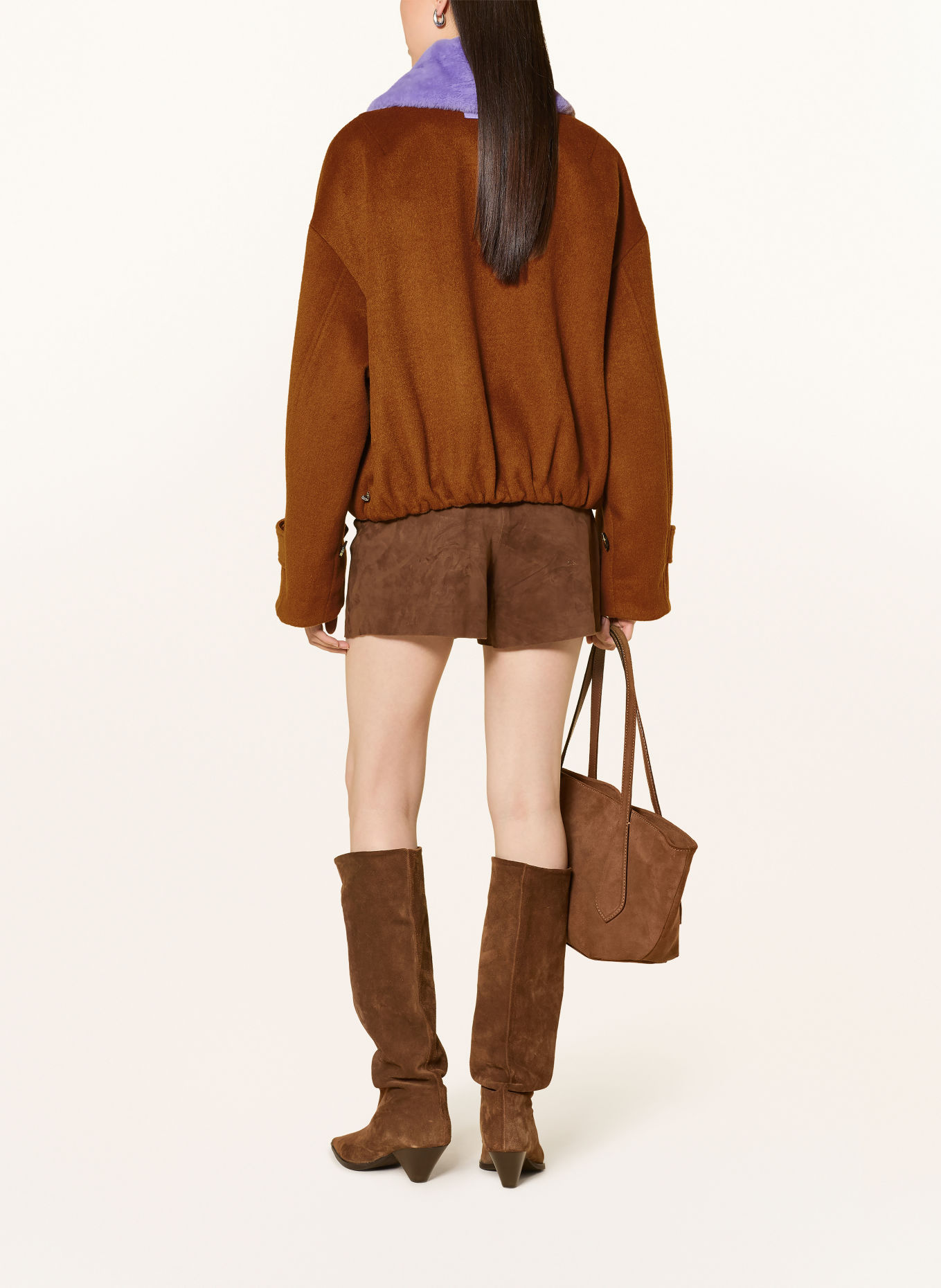 FABIENNE CHAPOT JEAL Bomber jacket with Detachable Faux Fur: BROWN / PURPLE