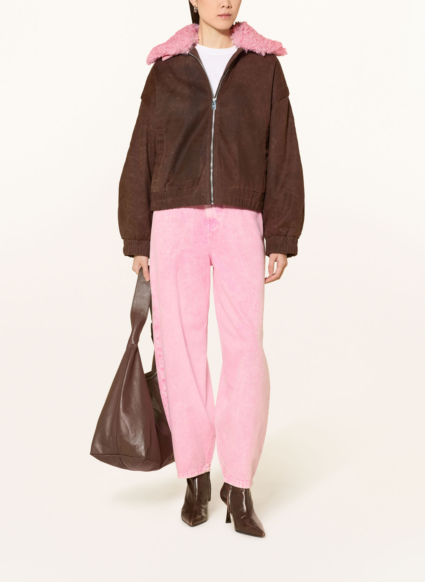 FABIENNE CHAPOT JAY Bomber jacket with Detachable Faux Fur: DARK BROWN / PINK