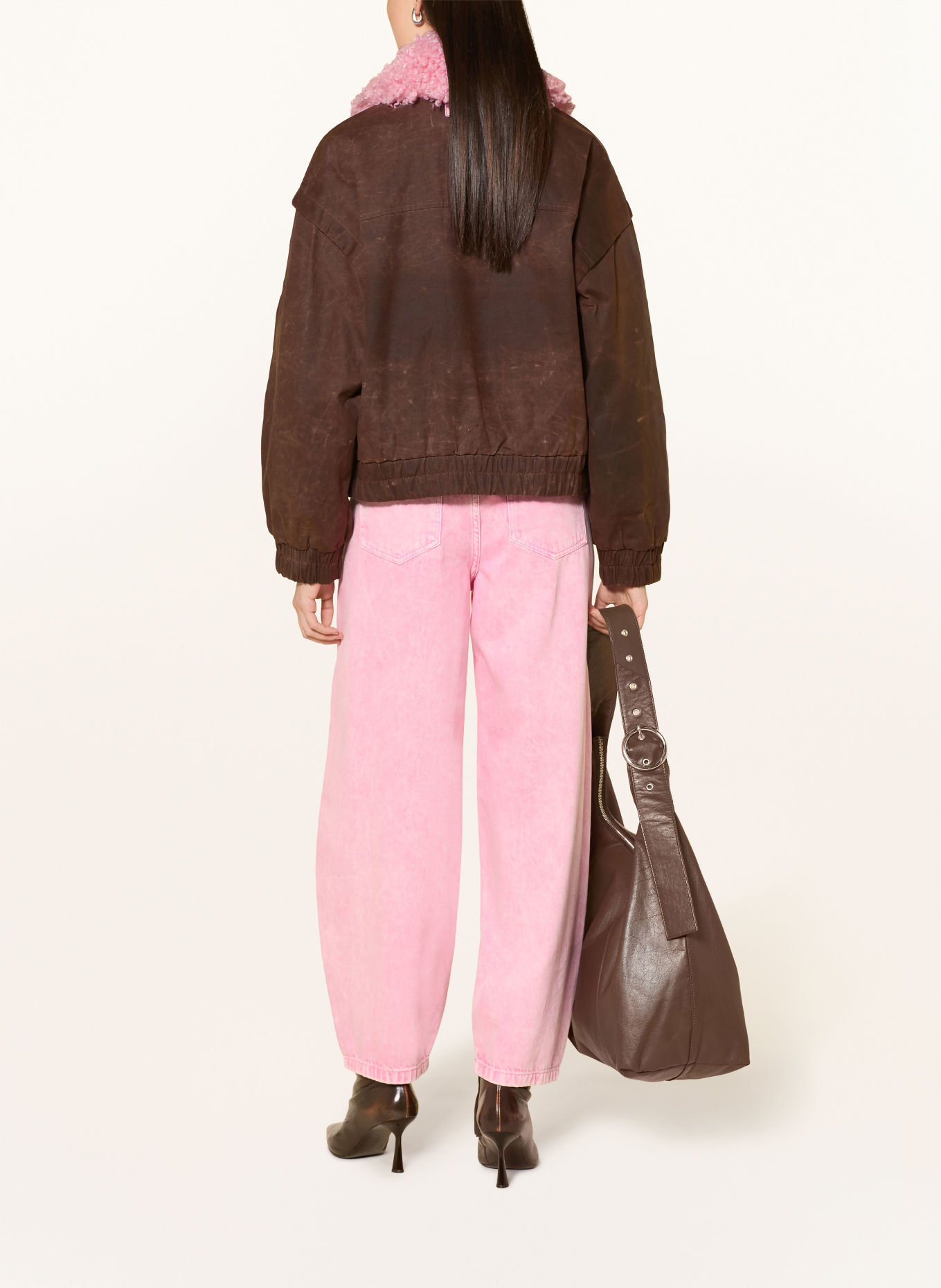 FABIENNE CHAPOT JAY Bomber jacket with Detachable Faux Fur: DARK BROWN / PINK