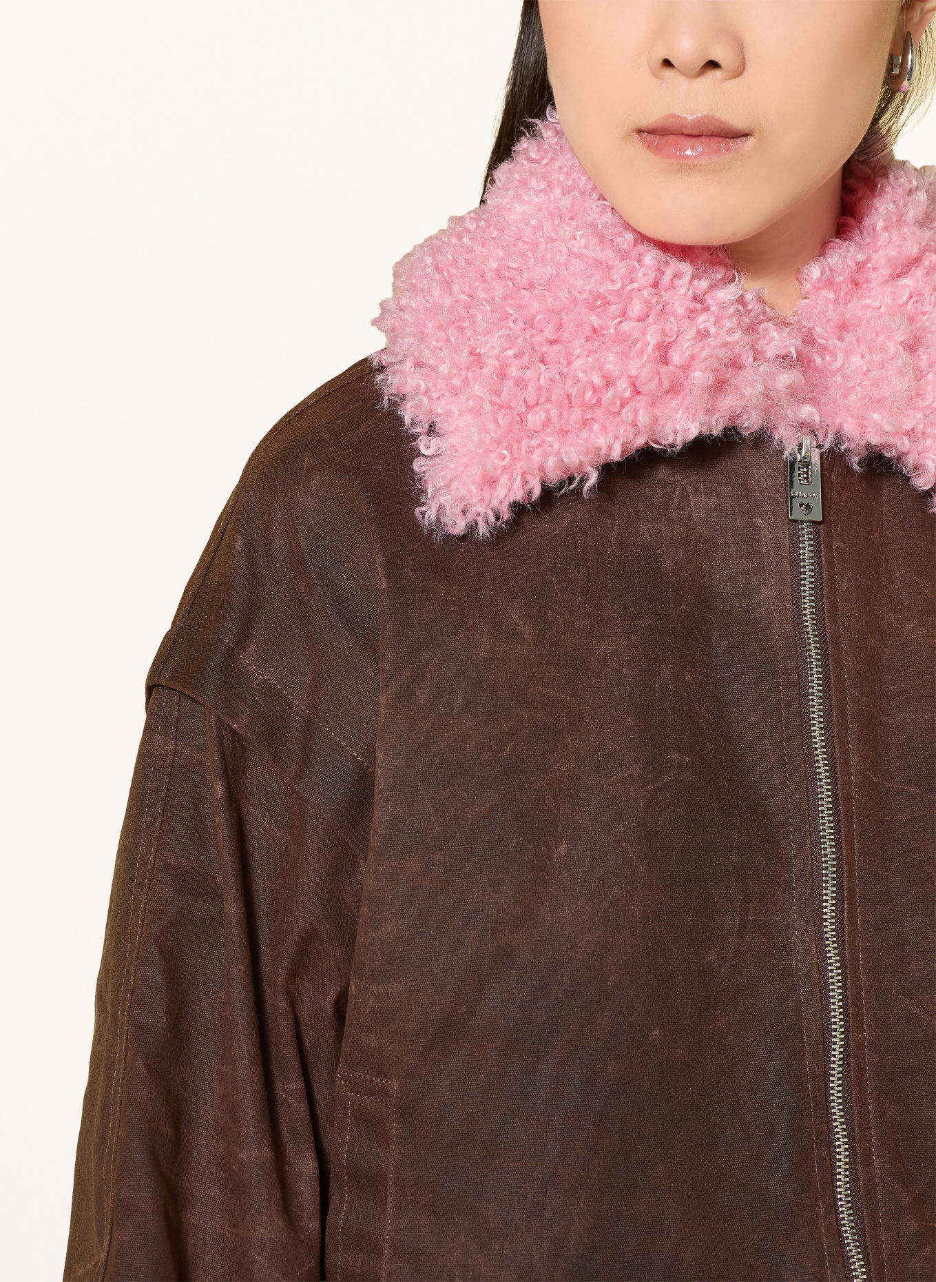 FABIENNE CHAPOT JAY Bomber jacket with Detachable Faux Fur: DARK BROWN / PINK