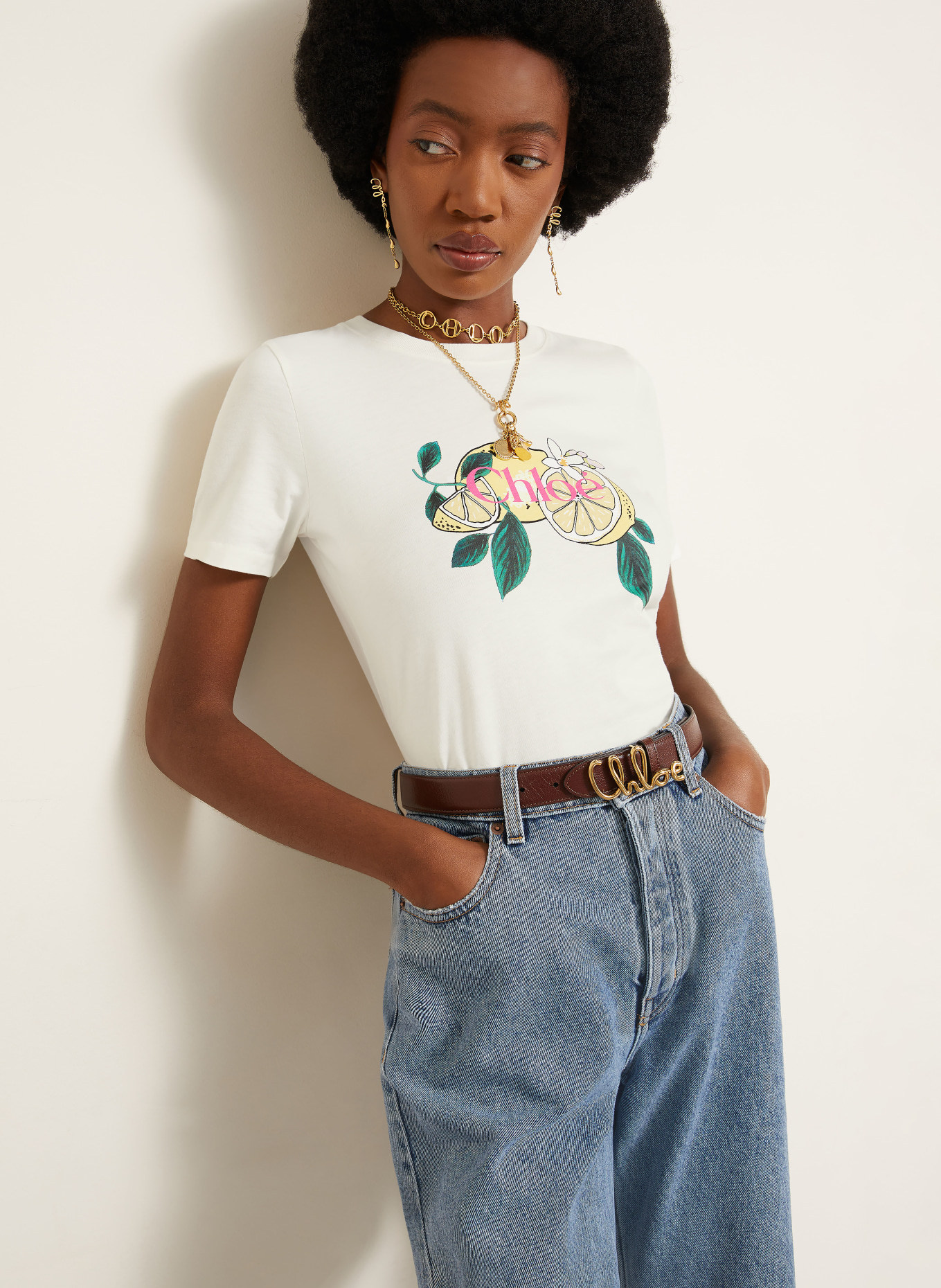 Chloé T-shirt: BLANC / ROSE FUCHSIA / JAUNE