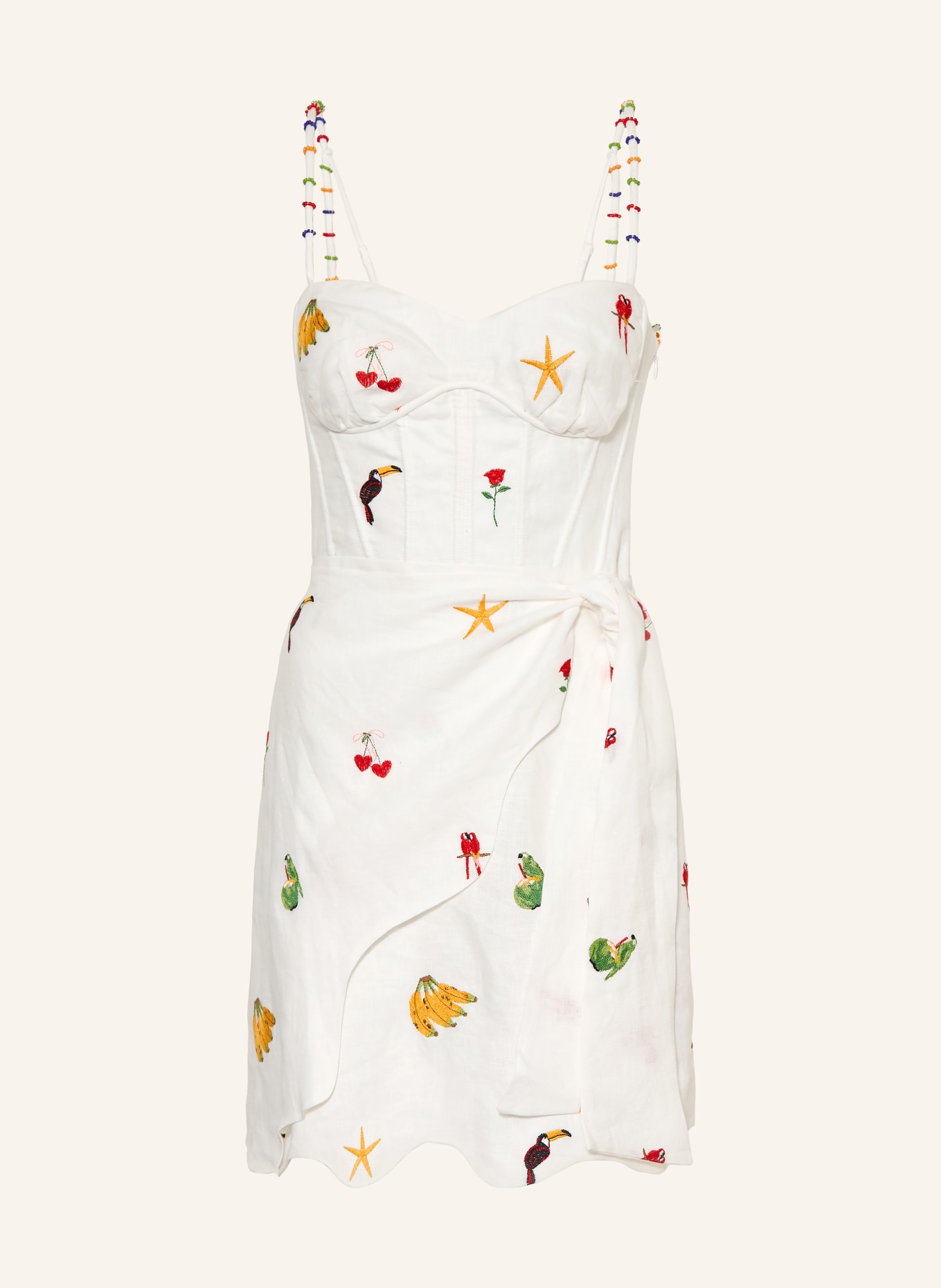 FARM RIO Linen dress with rhinestones: WHITE / RED / GREEN