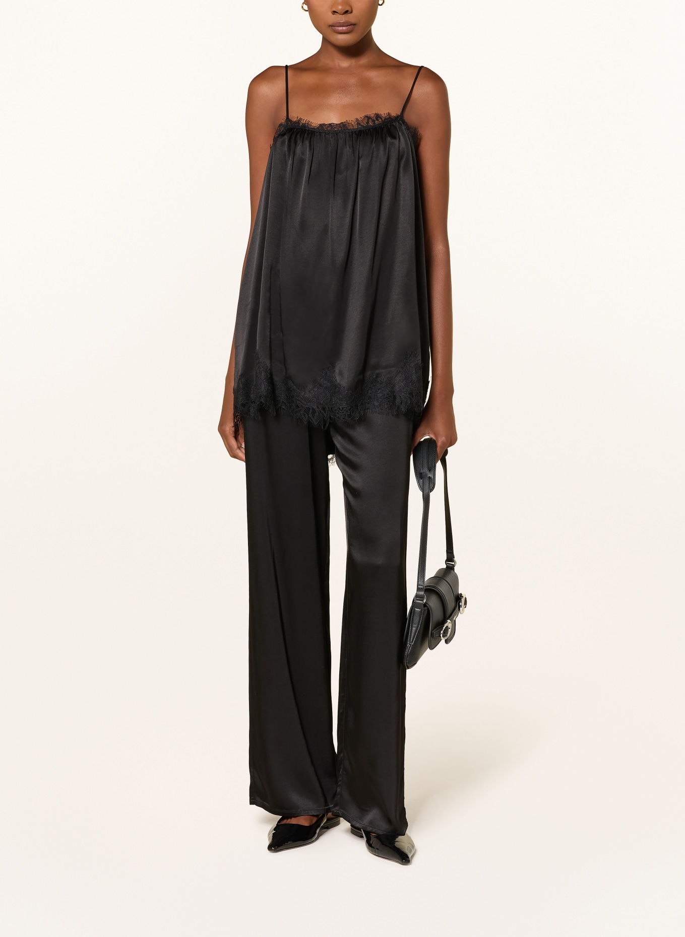 black palms LINGY Satin Top with Lace: BLACK