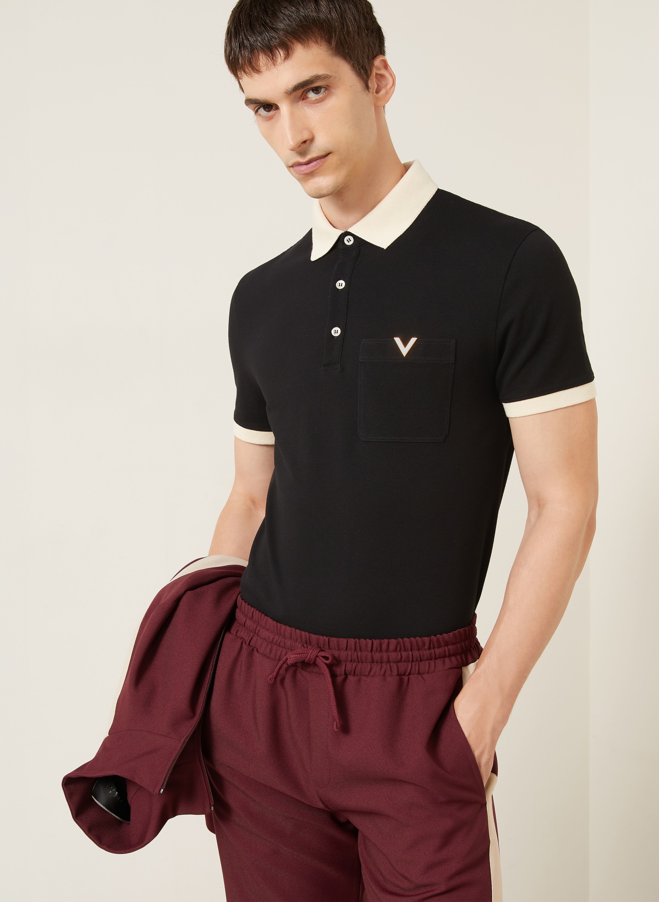 VALENTINO Piqué-poloshirt: ZWART / BEIGE