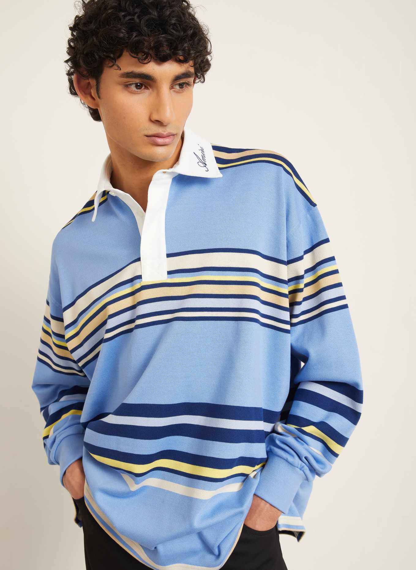 AMIRI Strick-Poloshirt: HELLBLAU / GELB / DUNKELBLAU