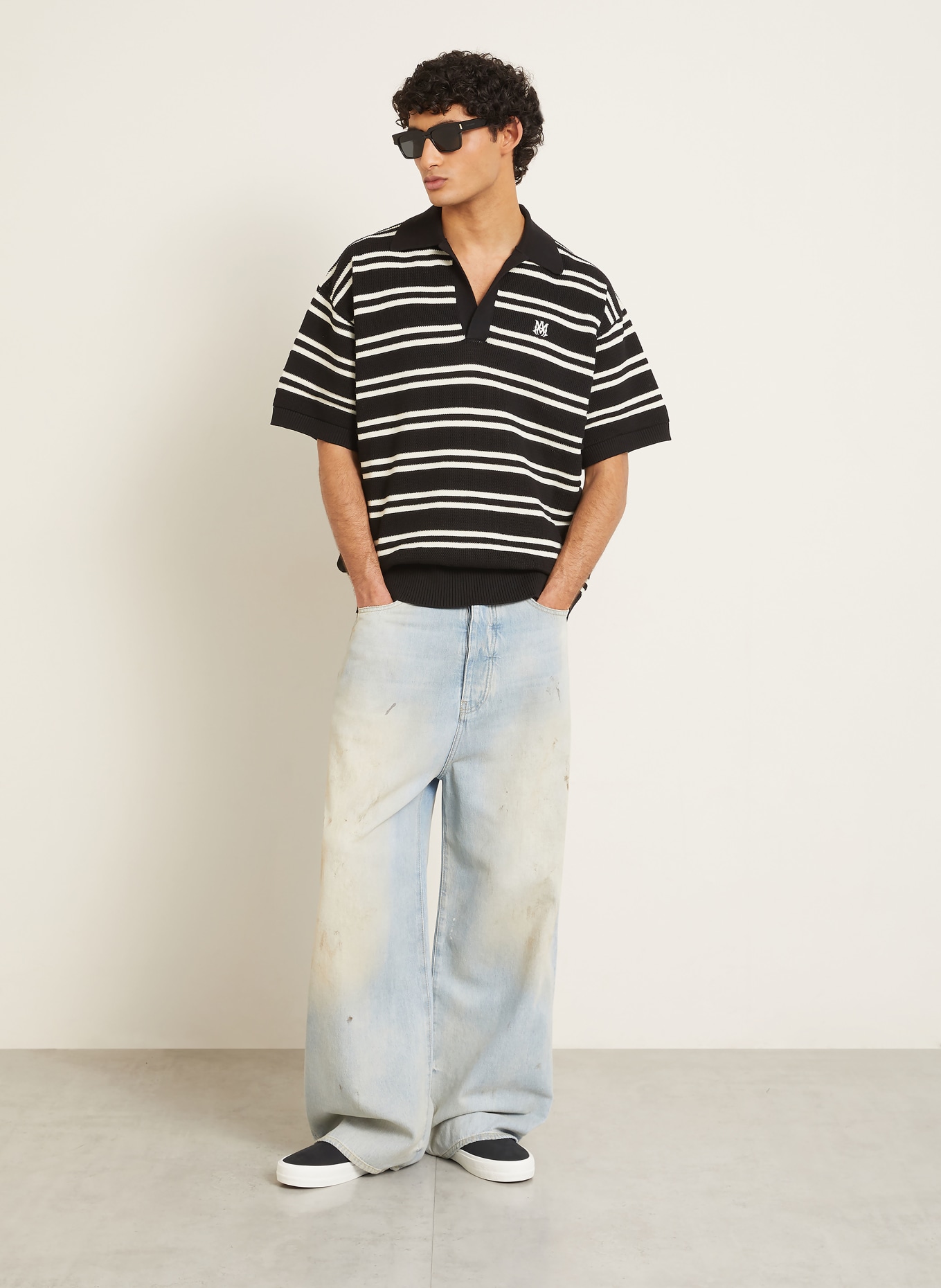 AMIRI Strick-Poloshirt: SCHWARZ / CREME