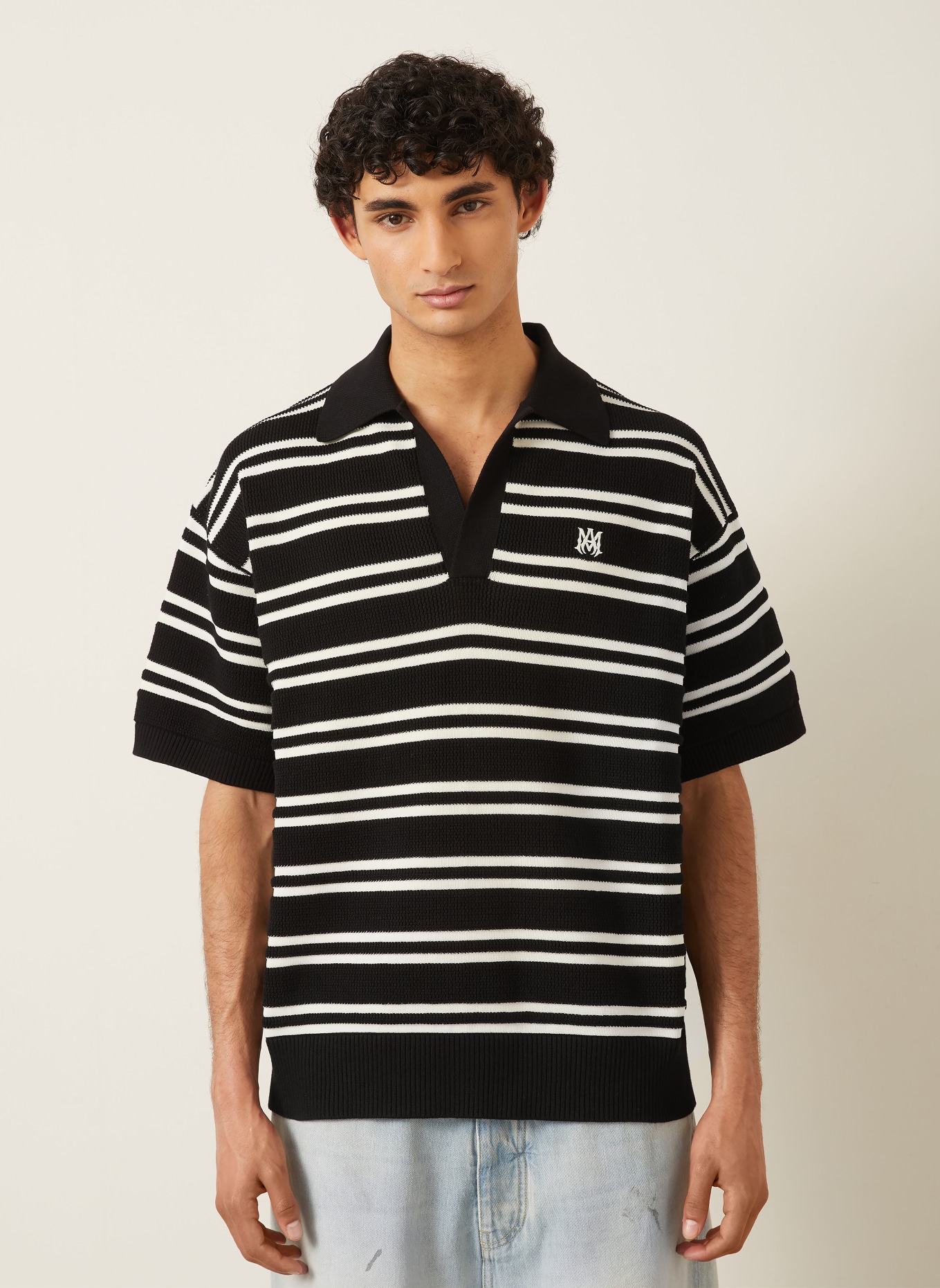 AMIRI Strick-Poloshirt: SCHWARZ / CREME