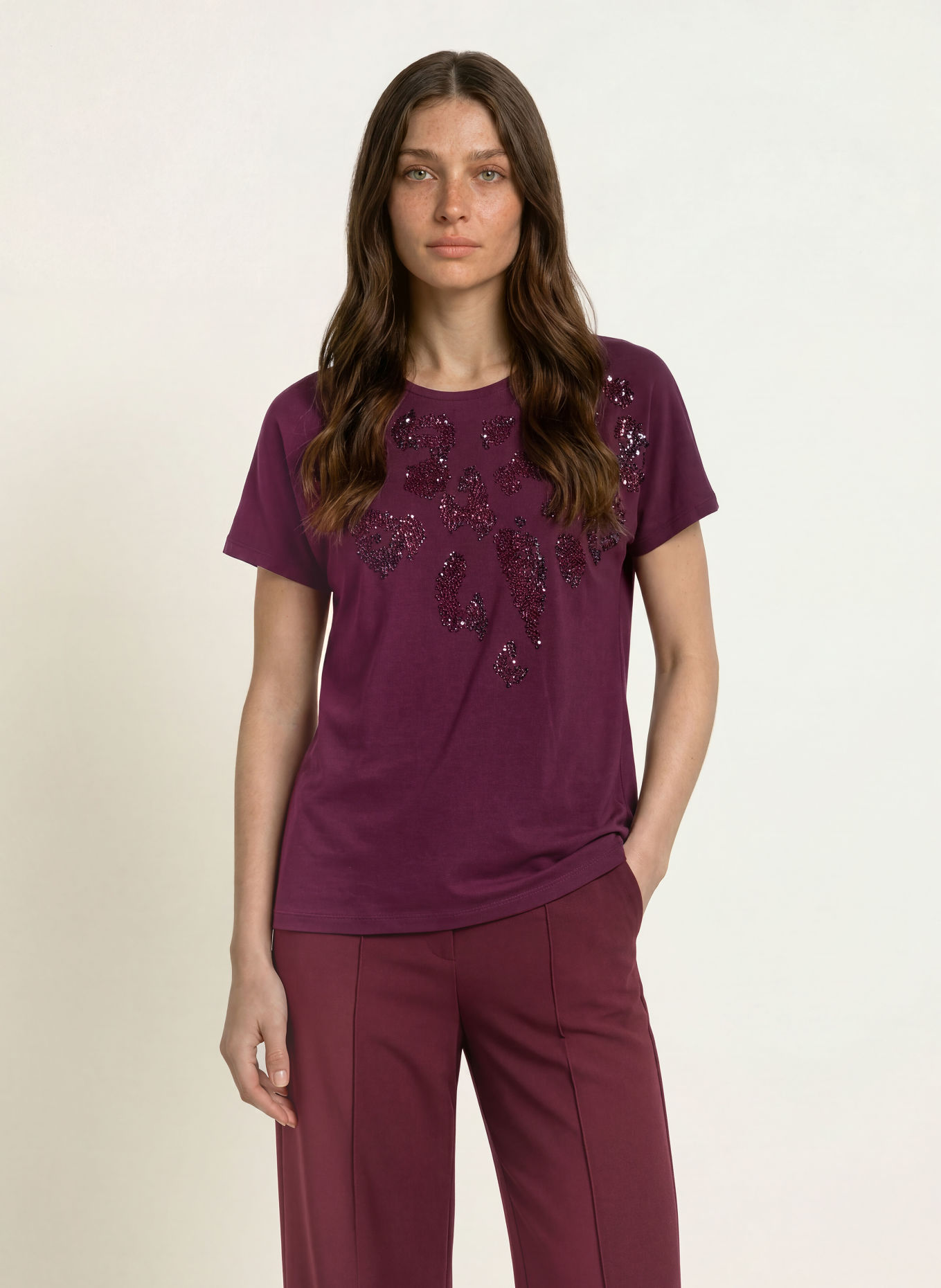MARC CAIN T-shirt à paillettes et strass: 296 winetasting