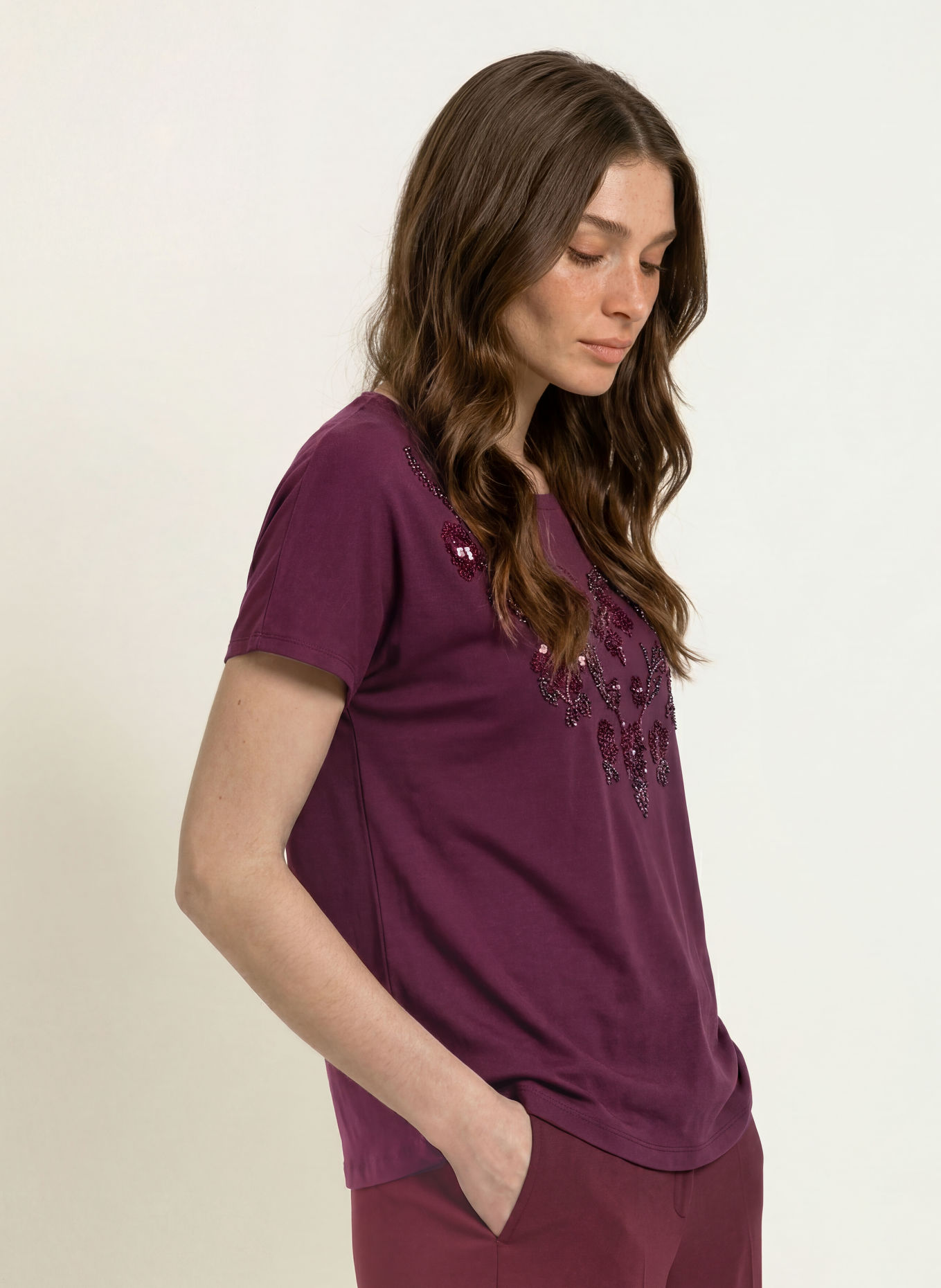 MARC CAIN T-shirt à paillettes et strass: 296 winetasting