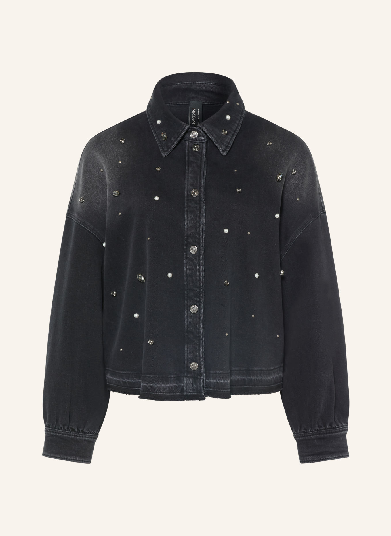 MARC CAIN Jeansbluse mit Schmucksteinen und Schmuckperlen: 900 black new