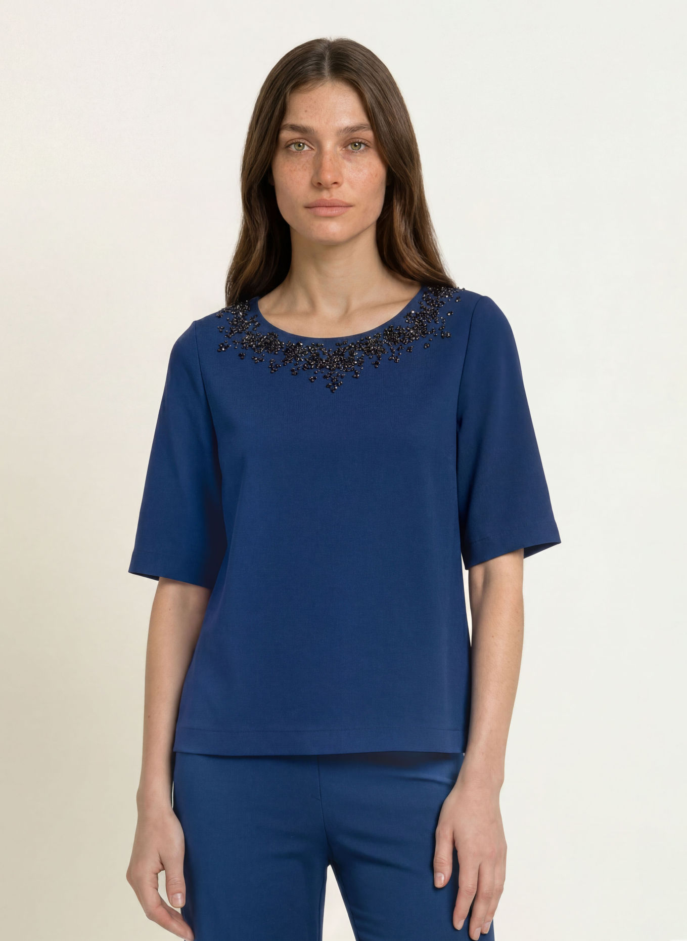 MARC CAIN Shirt mit 3/4-Arm und Schmucksteinen: 393 pageant blue