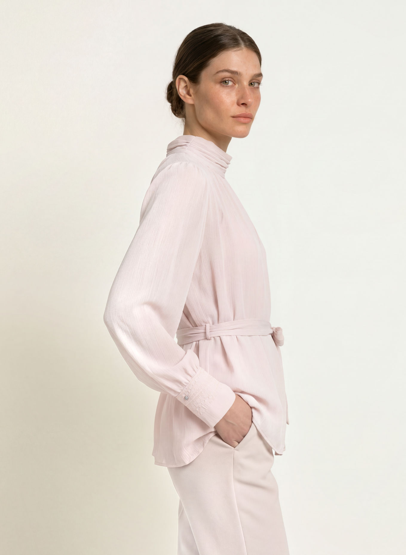 MARC CAIN Blouseshirt met kant: 702 light desert taupe