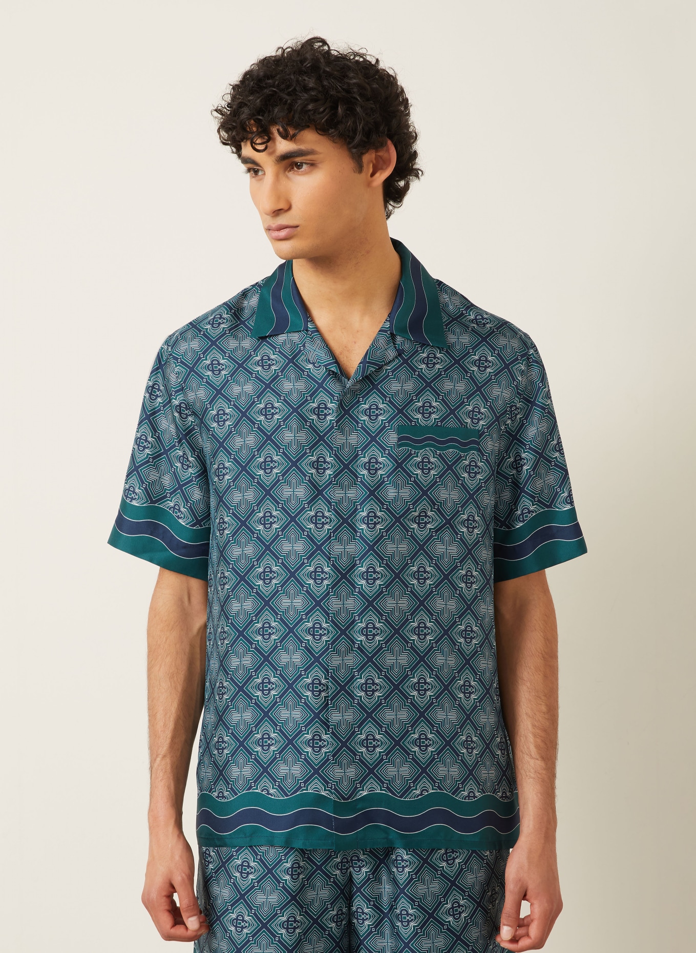 Casablanca Resort-overhemd Comfort Fit van zijde: DONKERGROEN / CRÈME / DONKERBLAUW