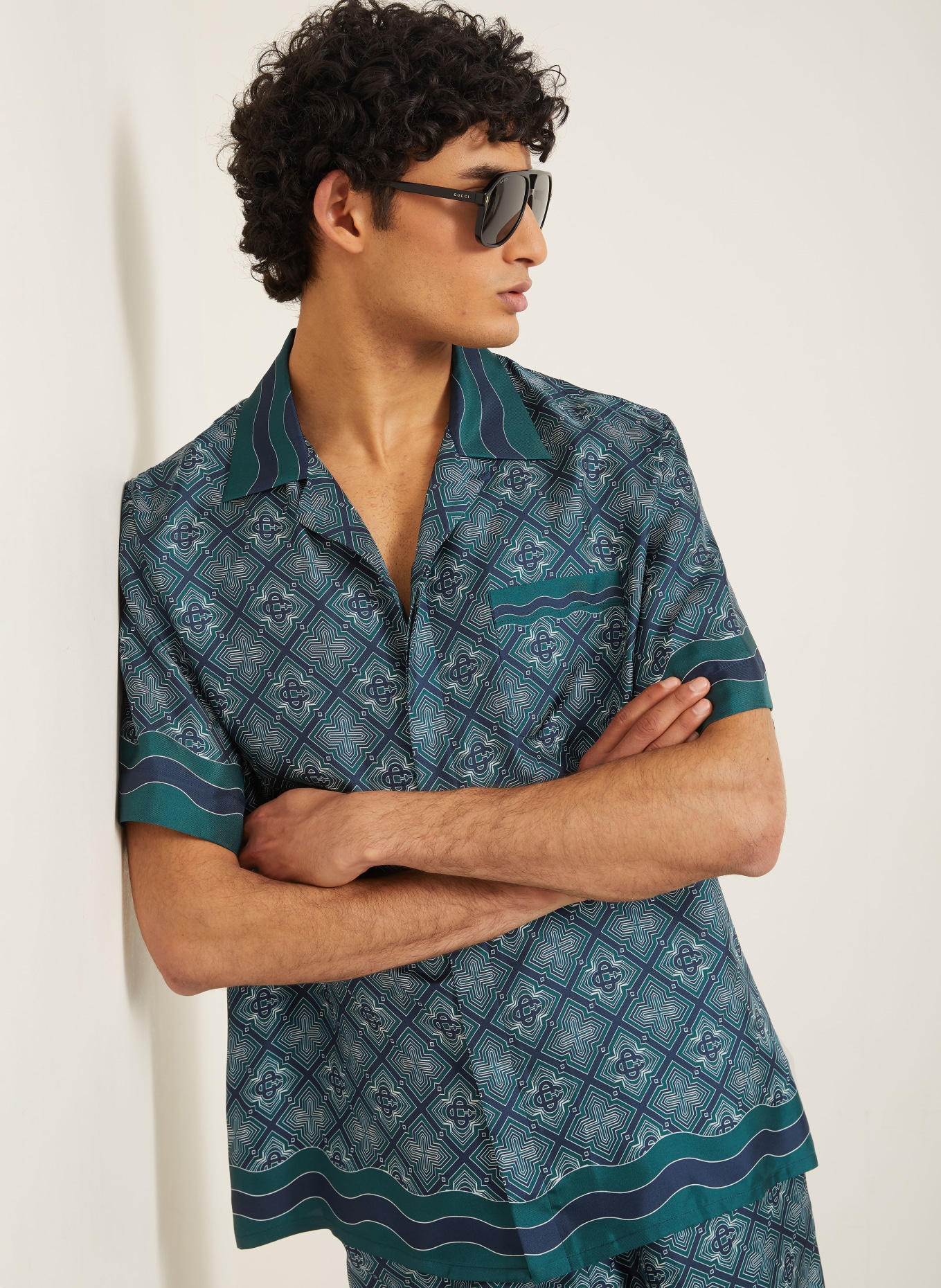 Casablanca Resort-overhemd Comfort Fit van zijde: DONKERGROEN / CRÈME / DONKERBLAUW