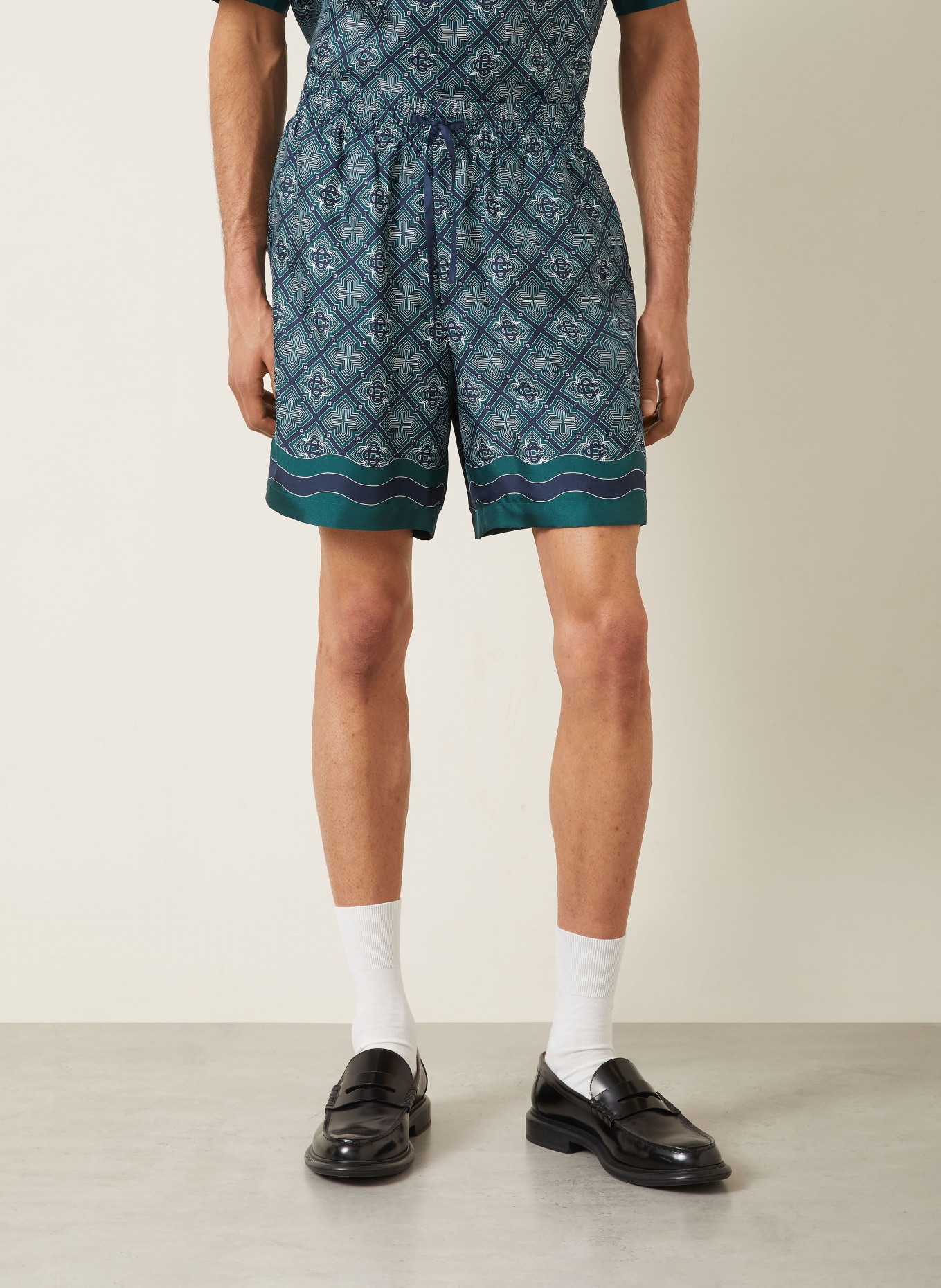 Casablanca Zijden shorts: DONKERGROEN / CRÈME / DONKERBLAUW