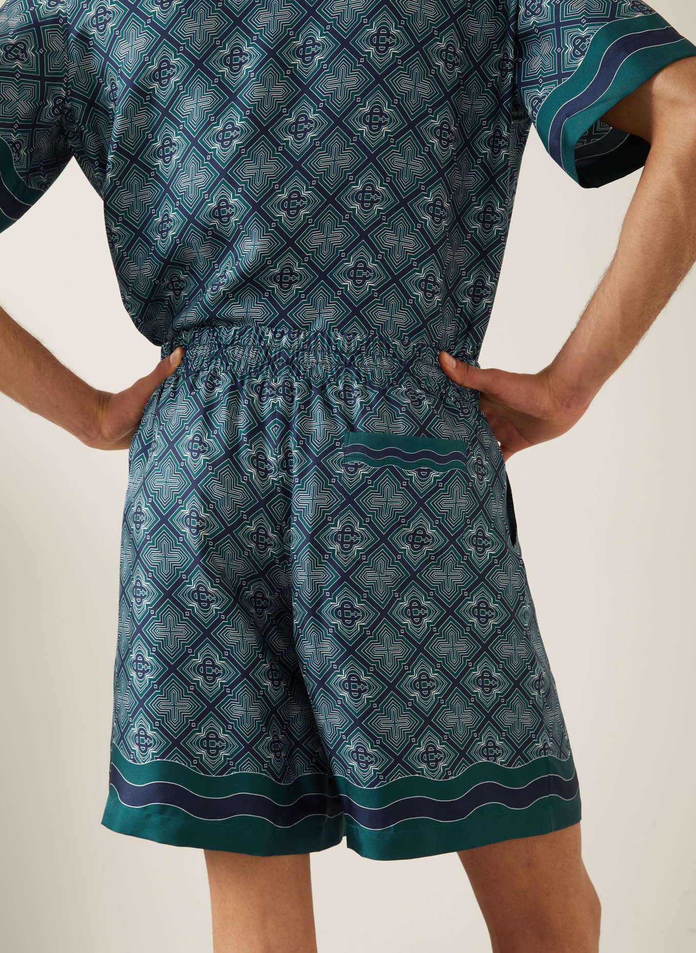 Casablanca Zijden shorts: DONKERGROEN / CRÈME / DONKERBLAUW