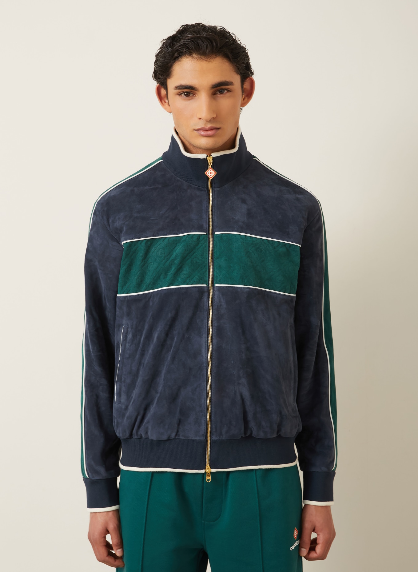 Casablanca Leather jacket: DARK BLUE / GREEN / WHITE
