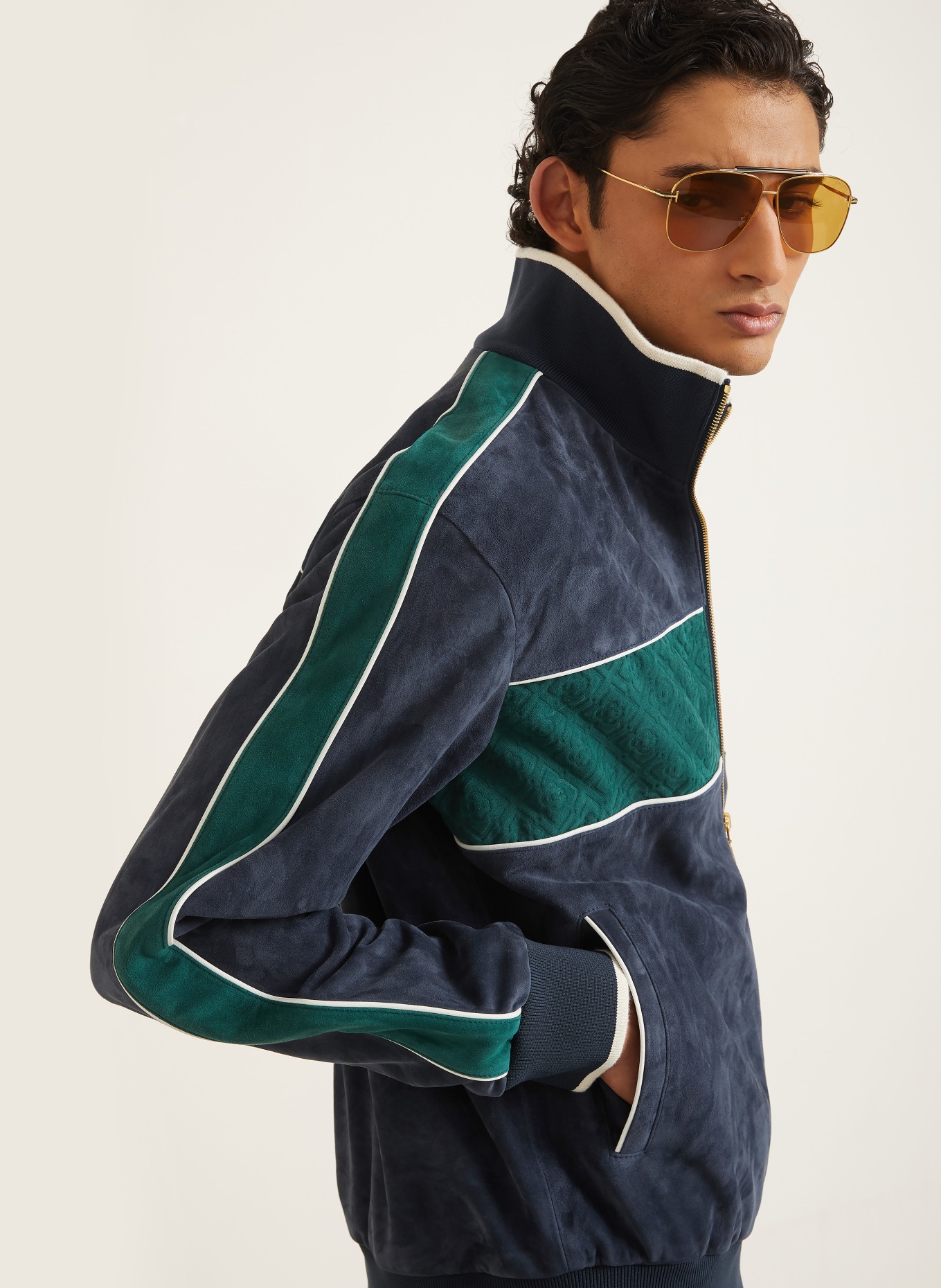 Casablanca Leather jacket: DARK BLUE / GREEN / WHITE