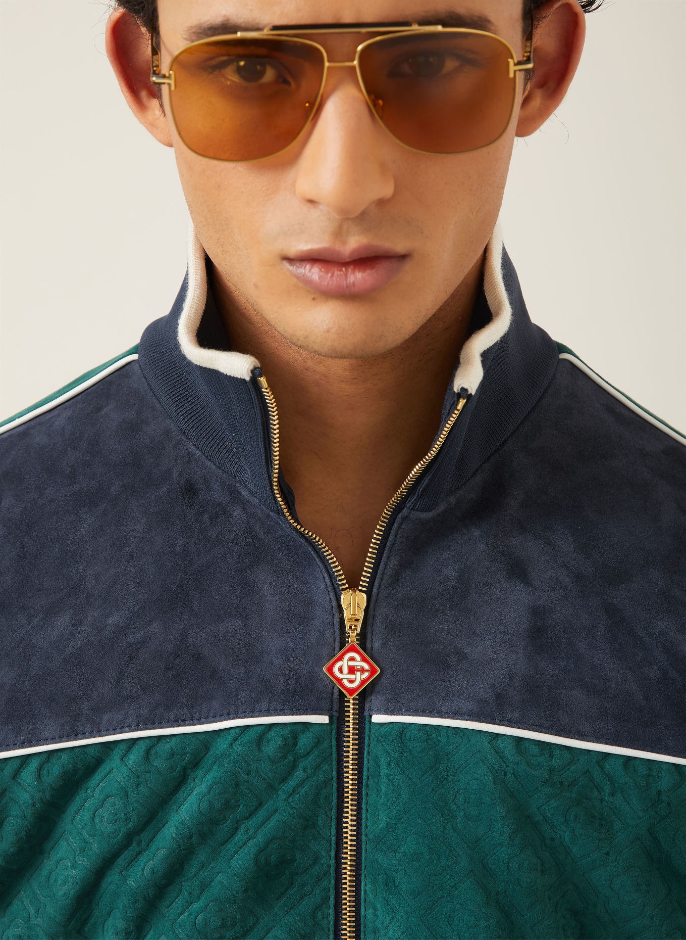 Casablanca Leather jacket: DARK BLUE / GREEN / WHITE