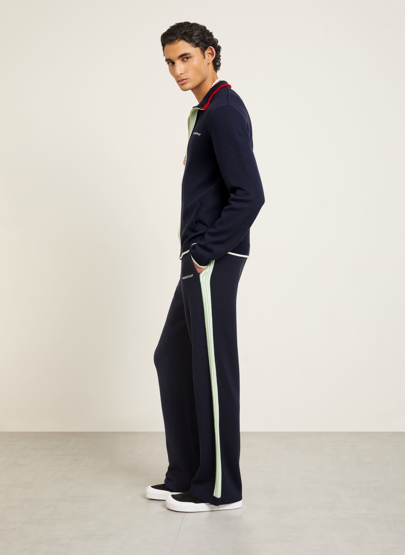 Casablanca Merinowool knit pants with braided stripes: DARK BLUE / LIGHT GREEN / WHITE