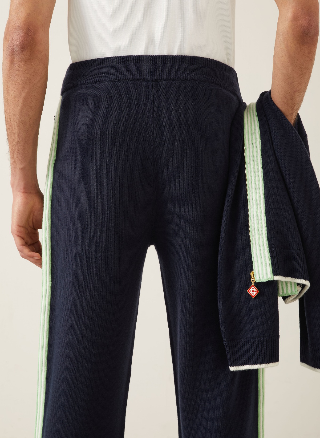 Casablanca Merinowool knit pants with braided stripes: DARK BLUE / LIGHT GREEN / WHITE