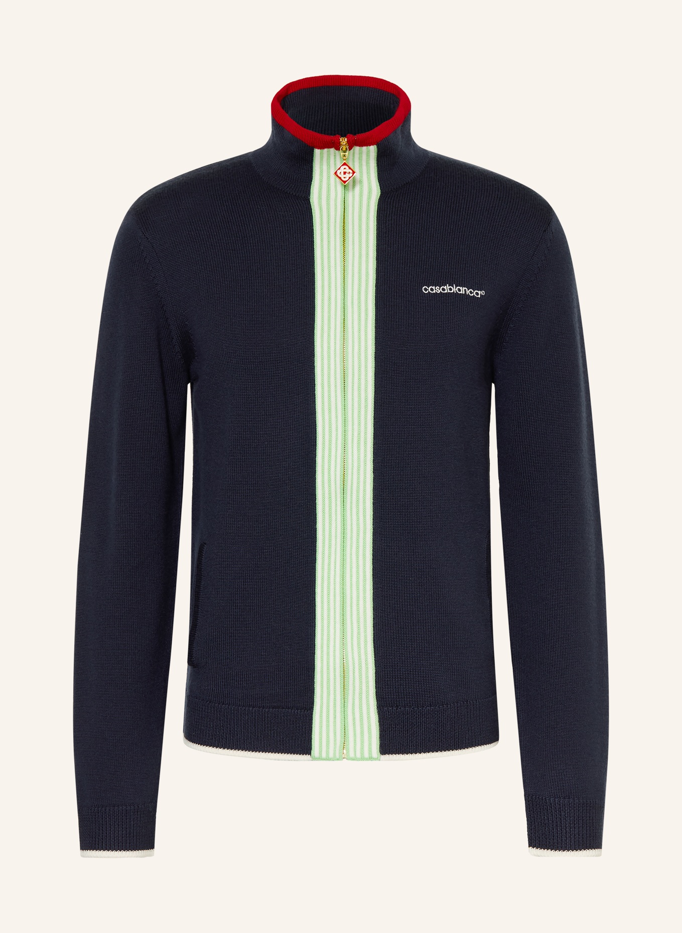 Casablanca Merinowool Cardigan: DARK BLUE / RED / LIGHT GREEN
