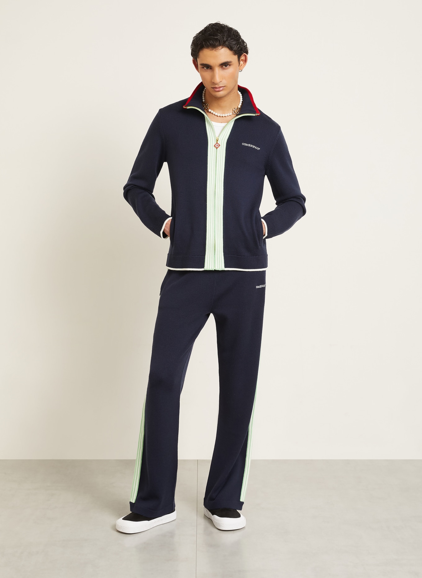 Casablanca Merinowool Cardigan: DARK BLUE / RED / LIGHT GREEN