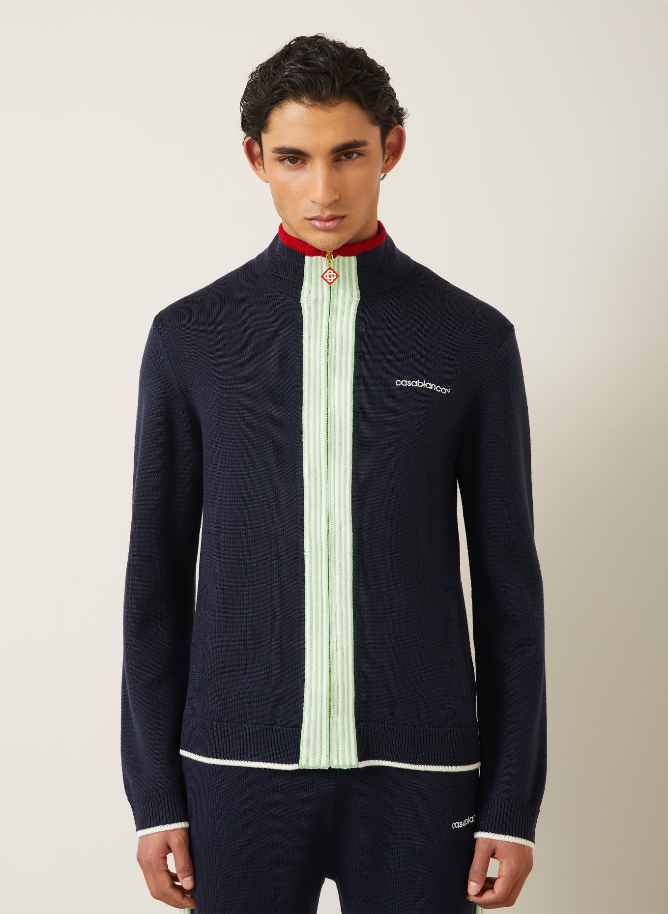 Casablanca Merinowool Cardigan: DARK BLUE / RED / LIGHT GREEN