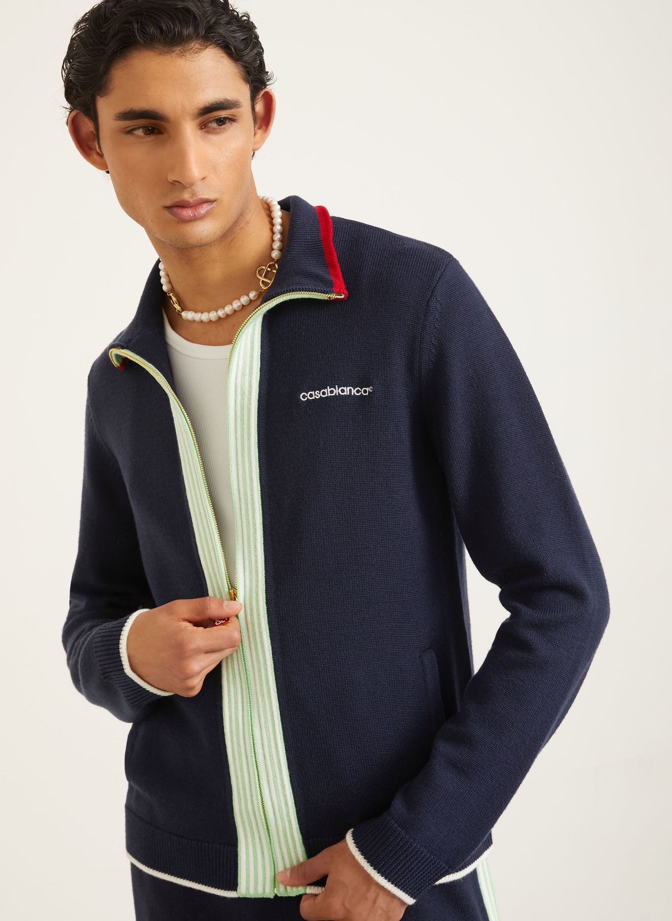 Casablanca Merinowool Cardigan: DARK BLUE / RED / LIGHT GREEN
