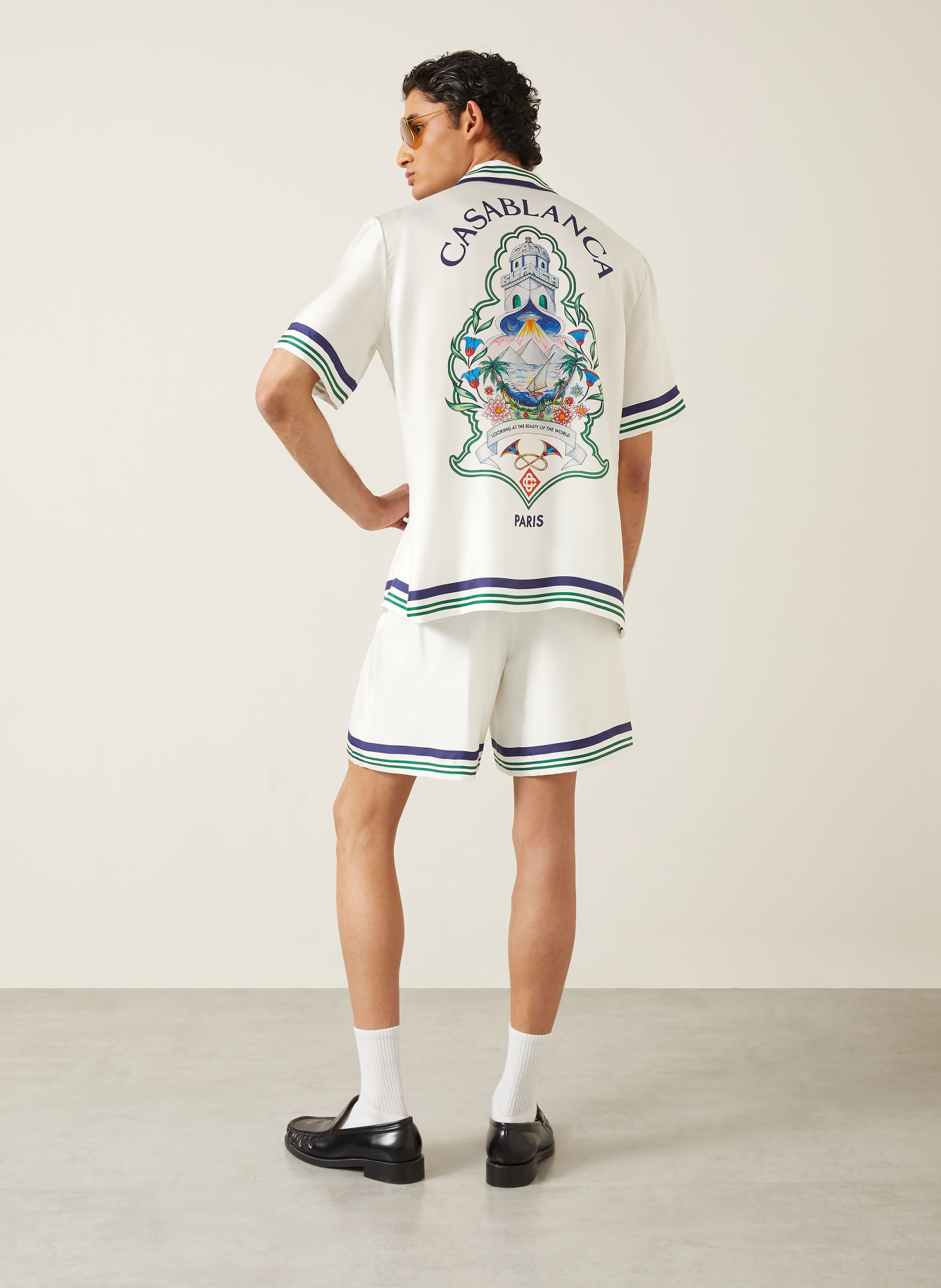 Casablanca Zijden shorts: WIT / GROEN / DONKERBLAUW