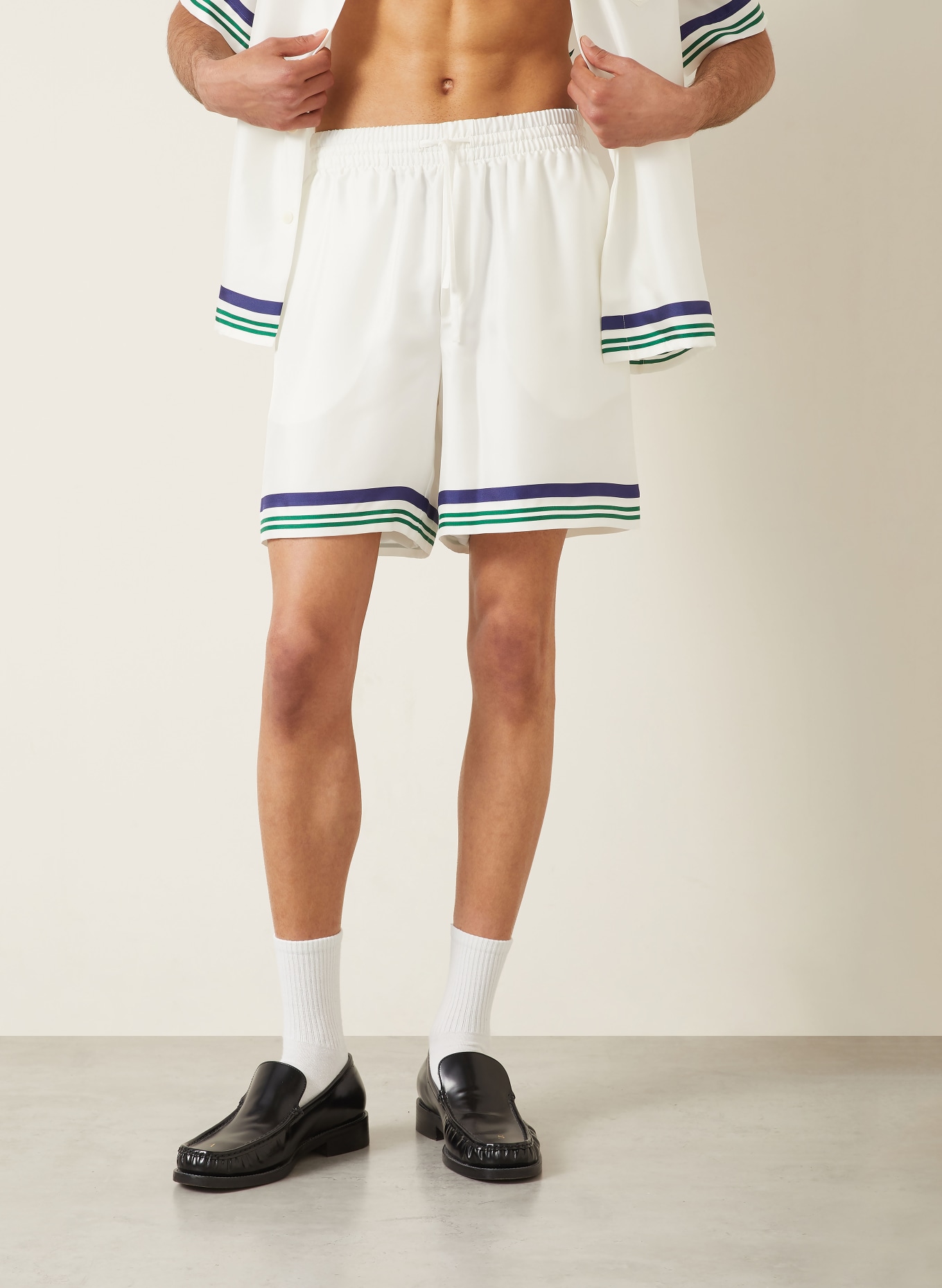 Casablanca Zijden shorts: WIT / GROEN / DONKERBLAUW