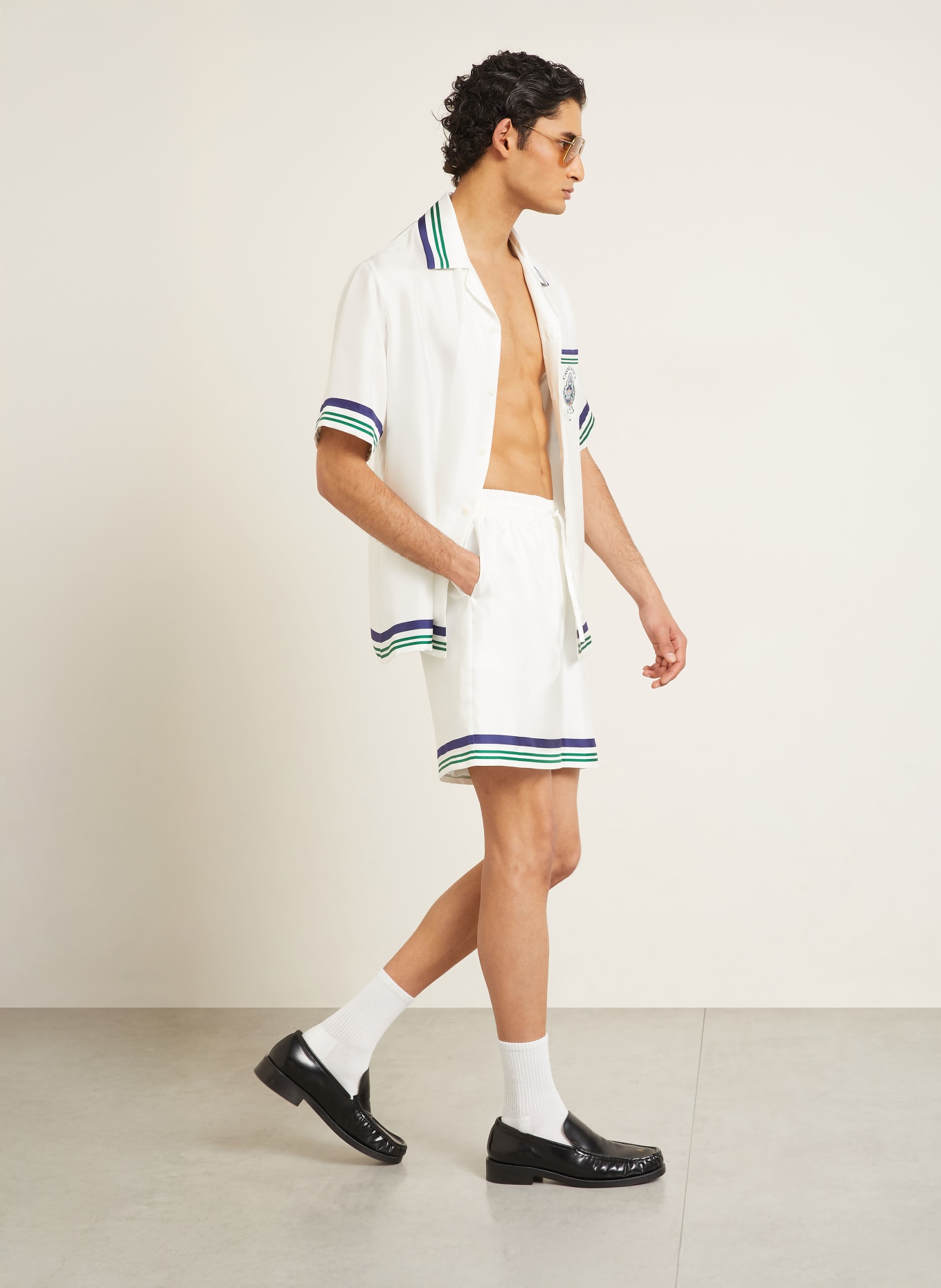 Casablanca Zijden shorts: WIT / GROEN / DONKERBLAUW