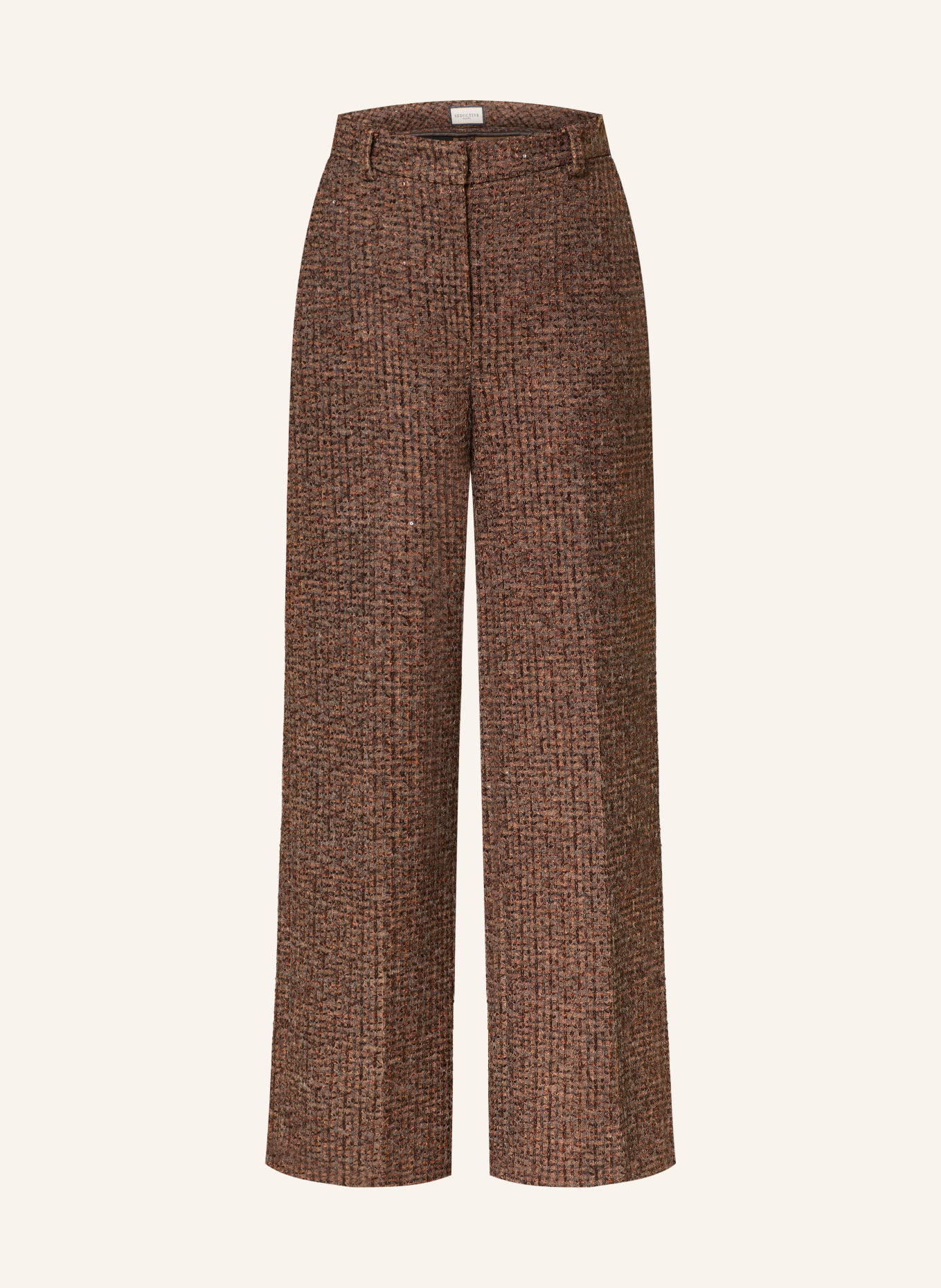 SEDUCTIVE DOMENICA wide-leg trousers in tweed with sequins: DARK BROWN / LIGHT ORANGE / DARK ORANGE