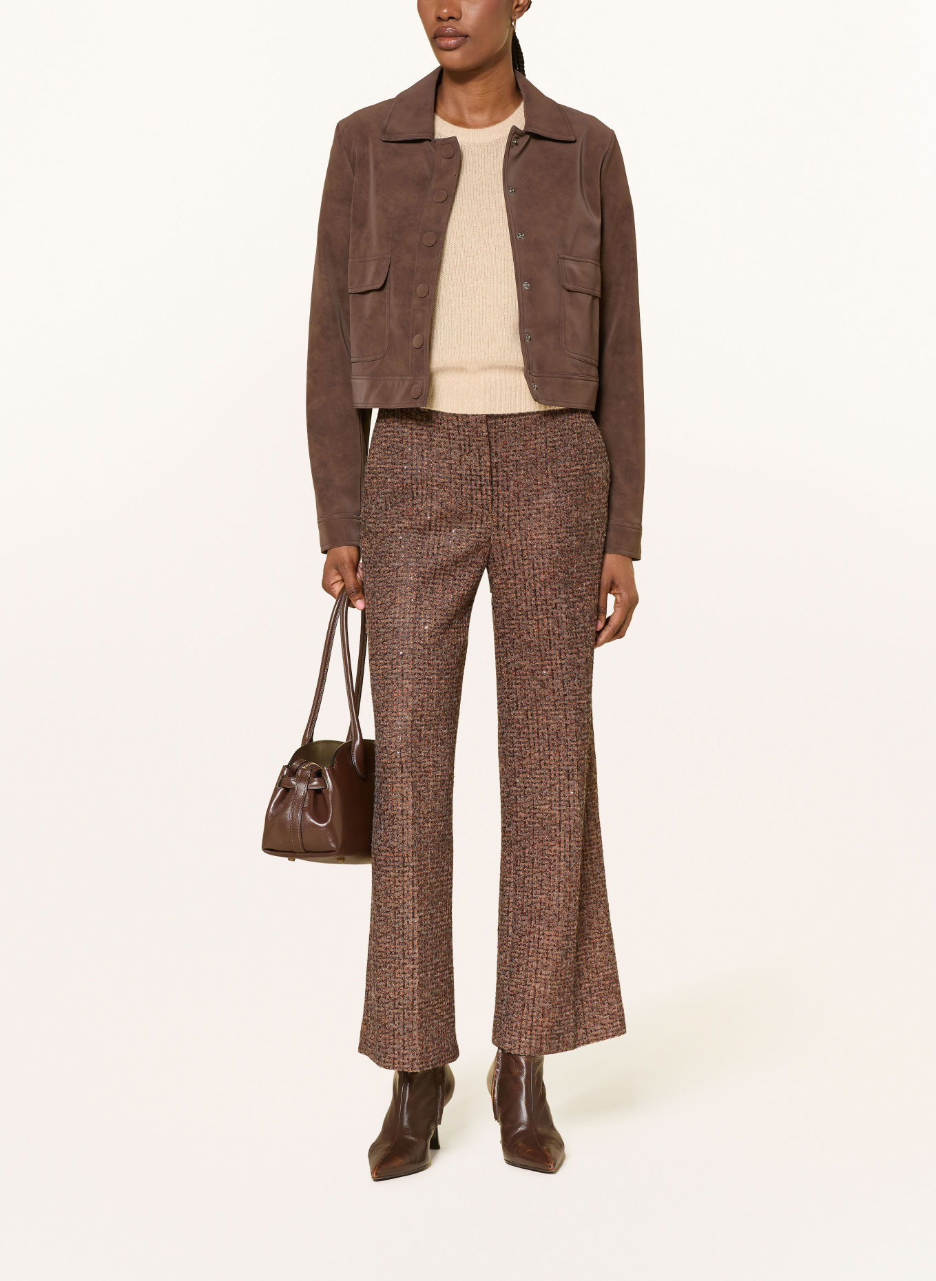 SEDUCTIVE DOMENICA wide-leg trousers in tweed with sequins: DARK BROWN / LIGHT ORANGE / DARK ORANGE