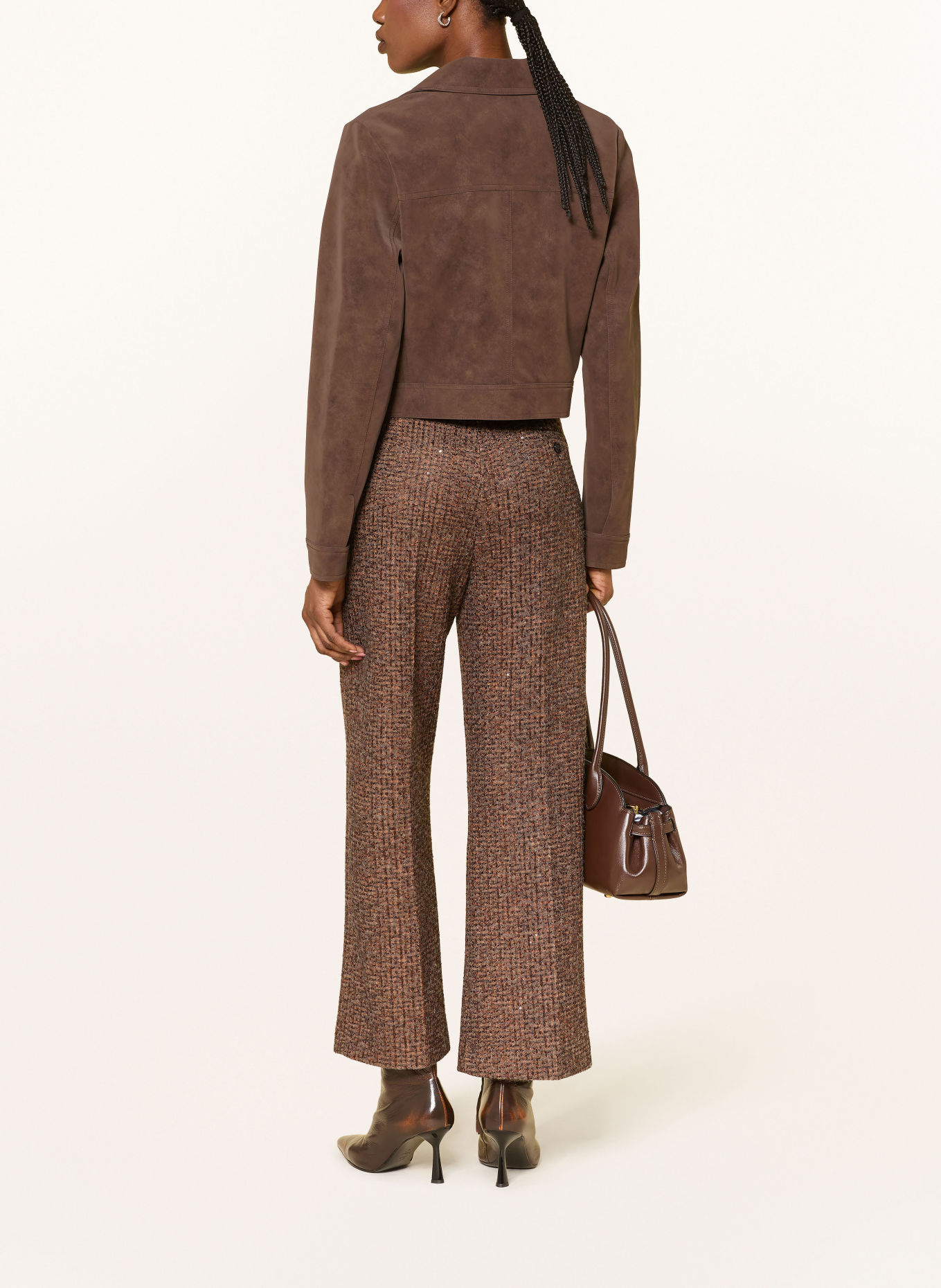 SEDUCTIVE DOMENICA wide-leg trousers in tweed with sequins: DARK BROWN / LIGHT ORANGE / DARK ORANGE