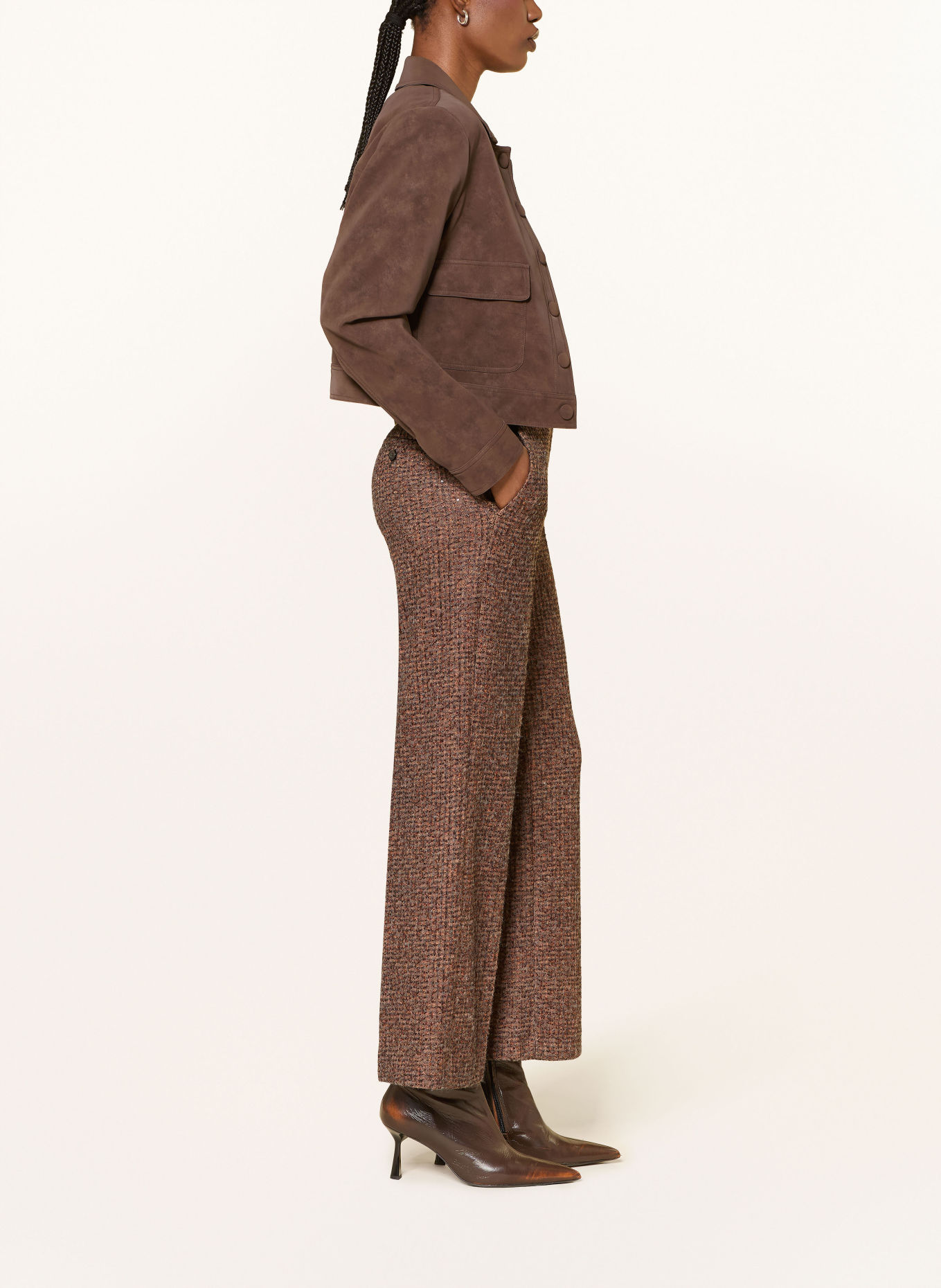 SEDUCTIVE DOMENICA wide-leg trousers in tweed with sequins: DARK BROWN / LIGHT ORANGE / DARK ORANGE