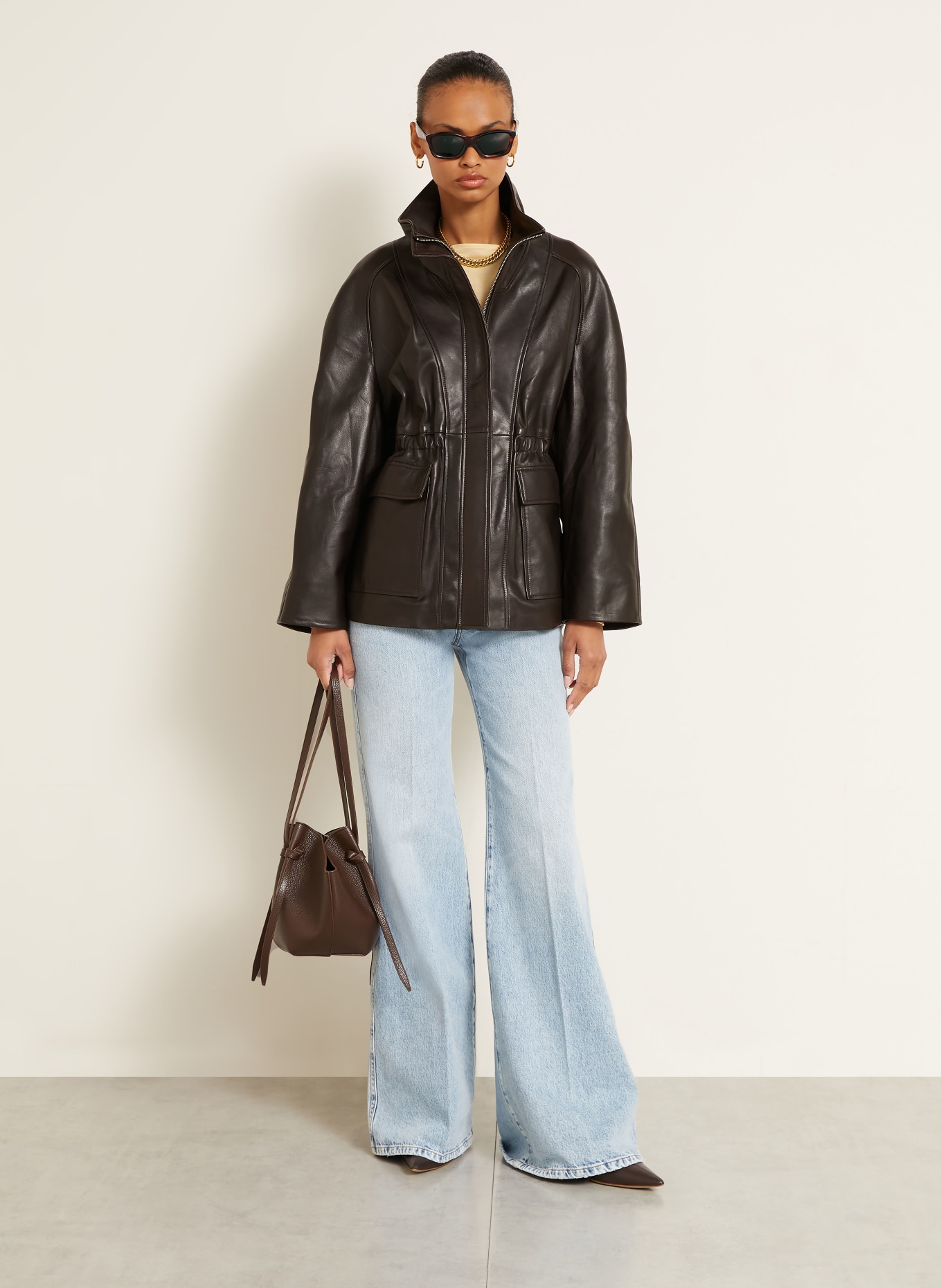 NOUR HAMMOUR Veste en cuir QUAI: MARRON FONCÉ