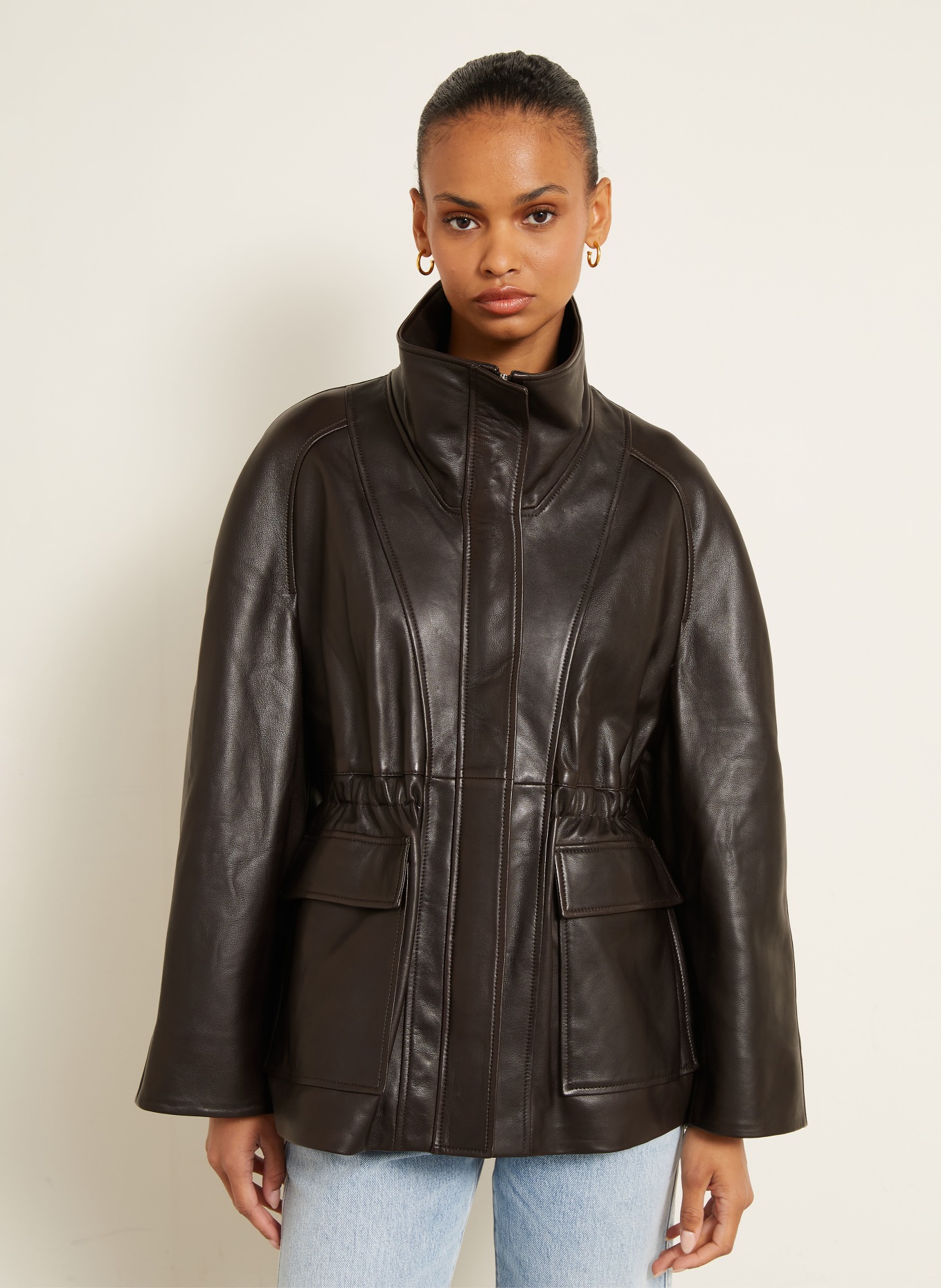 NOUR HAMMOUR Veste en cuir QUAI: MARRON FONCÉ