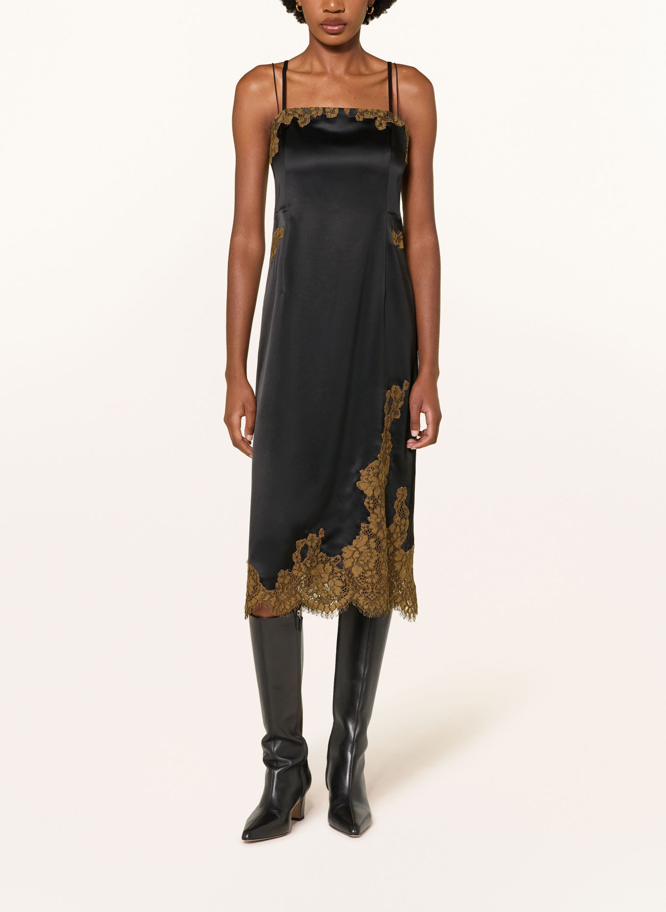 DOROTHEE SCHUMACHER Satinkleid SHINY STATEMENT mit Spitze: SCHWARZ / COGNAC