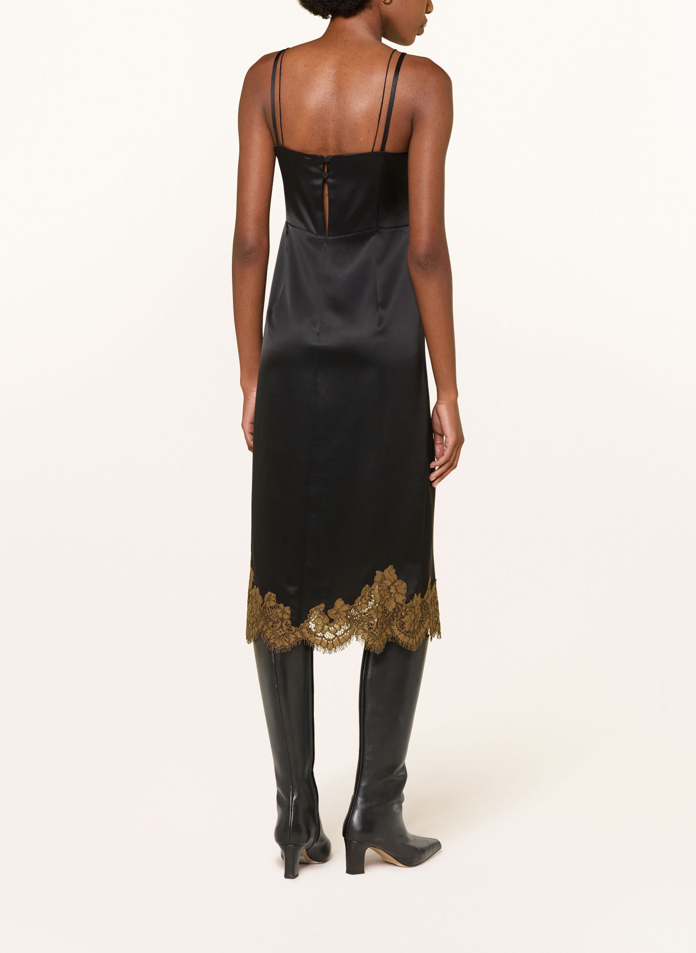 DOROTHEE SCHUMACHER Satinkleid SHINY STATEMENT mit Spitze: SCHWARZ / COGNAC