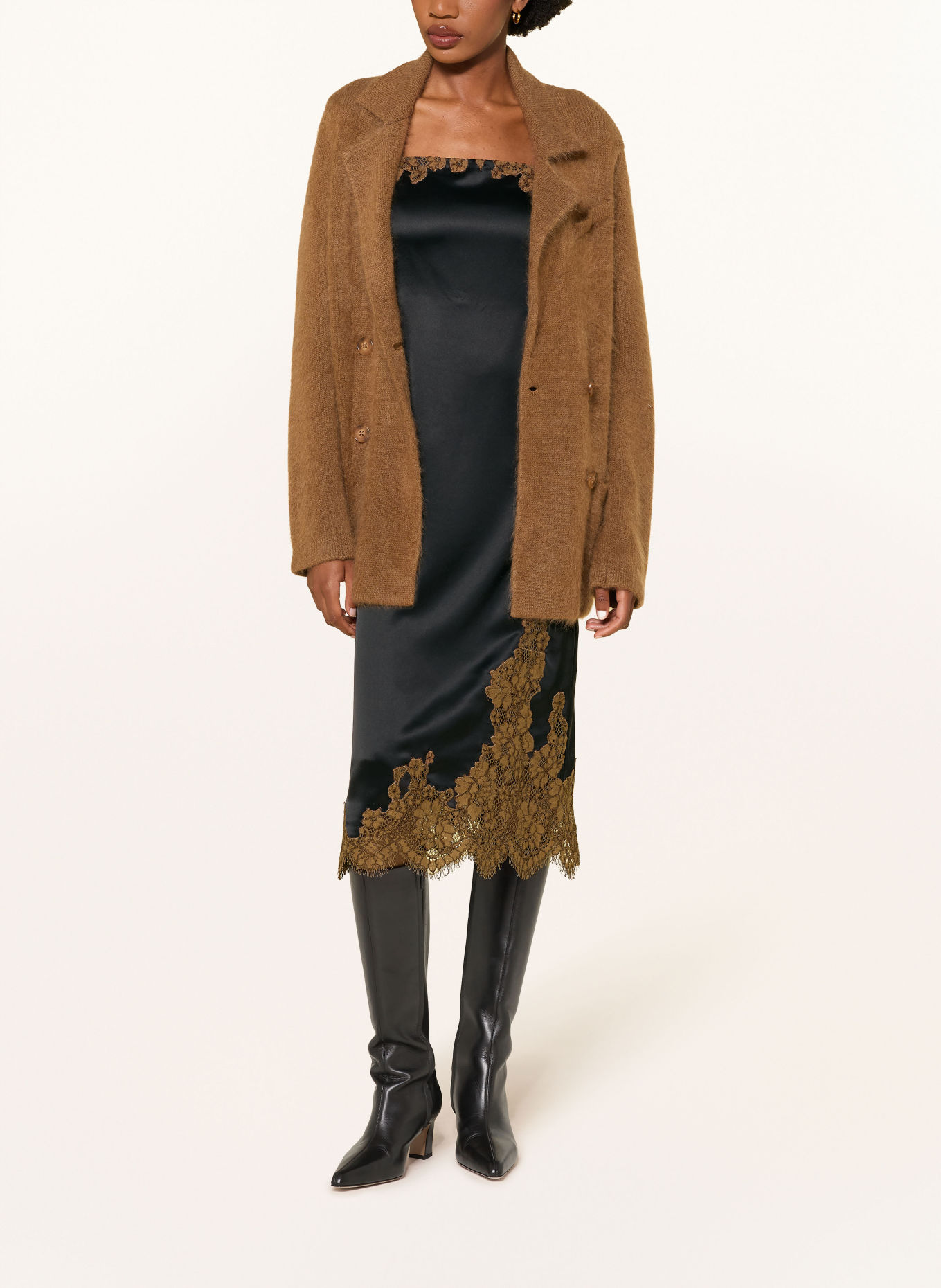 DOROTHEE SCHUMACHER Satinkleid SHINY STATEMENT mit Spitze: SCHWARZ / COGNAC