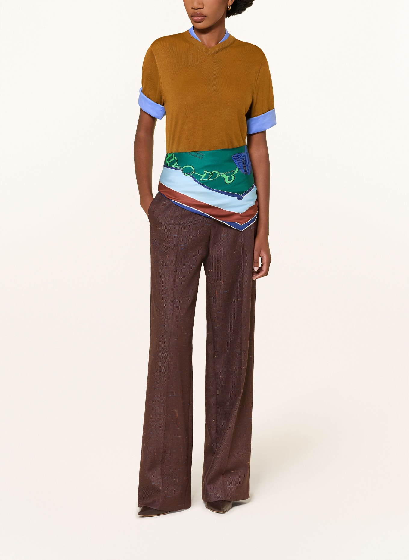DOROTHEE SCHUMACHER Gebreid shirt CHIC MERINO in een materiaalmix: BRUIN / LICHTBLAUW