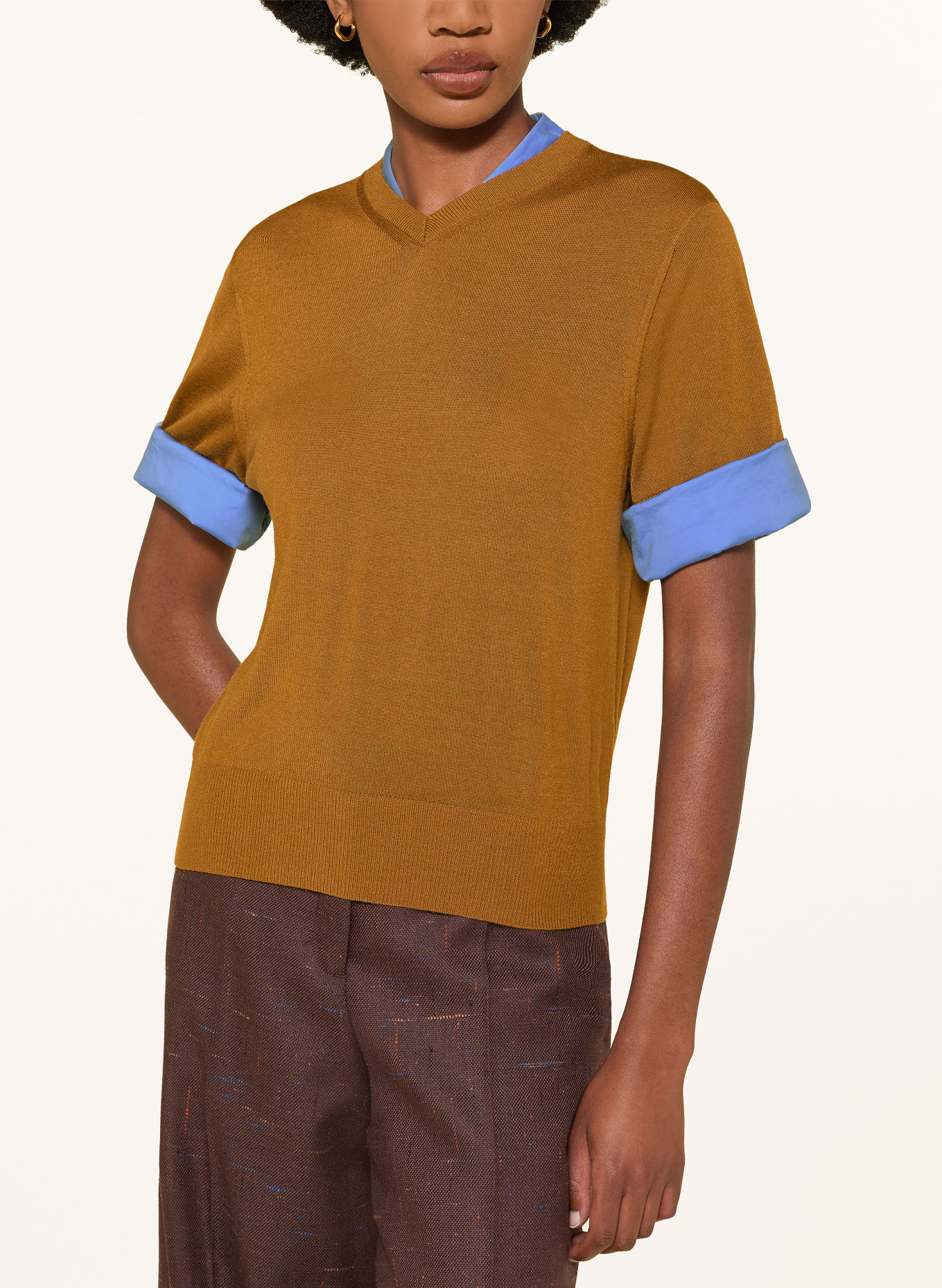 DOROTHEE SCHUMACHER Gebreid shirt CHIC MERINO in een materiaalmix: BRUIN / LICHTBLAUW