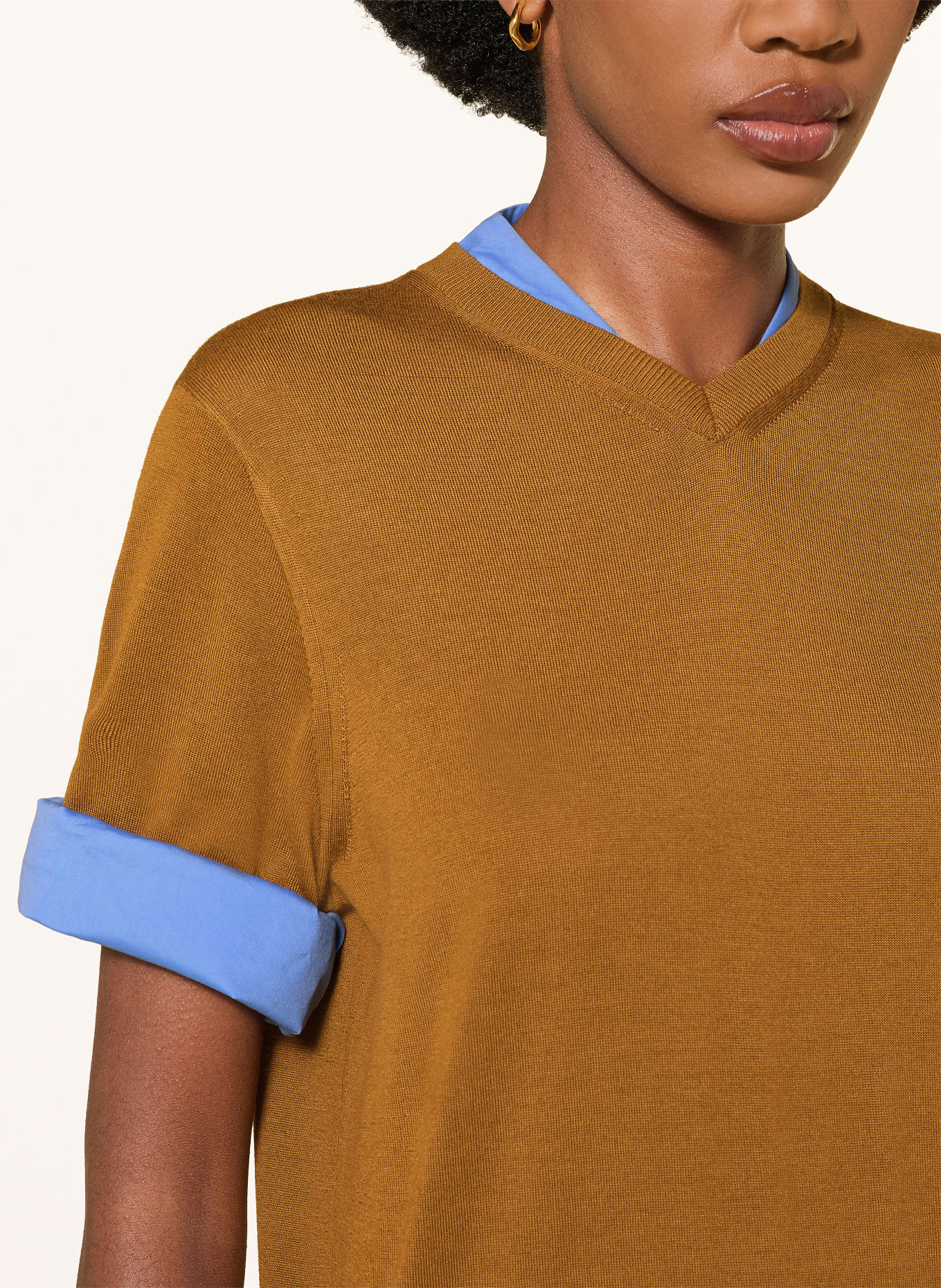 DOROTHEE SCHUMACHER Gebreid shirt CHIC MERINO in een materiaalmix: BRUIN / LICHTBLAUW