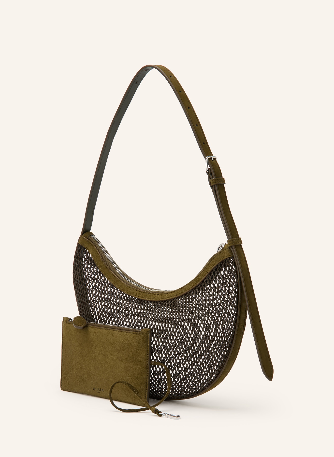 ALAÏA Schultertasche DEMI LUNE: OLIV / SILBER